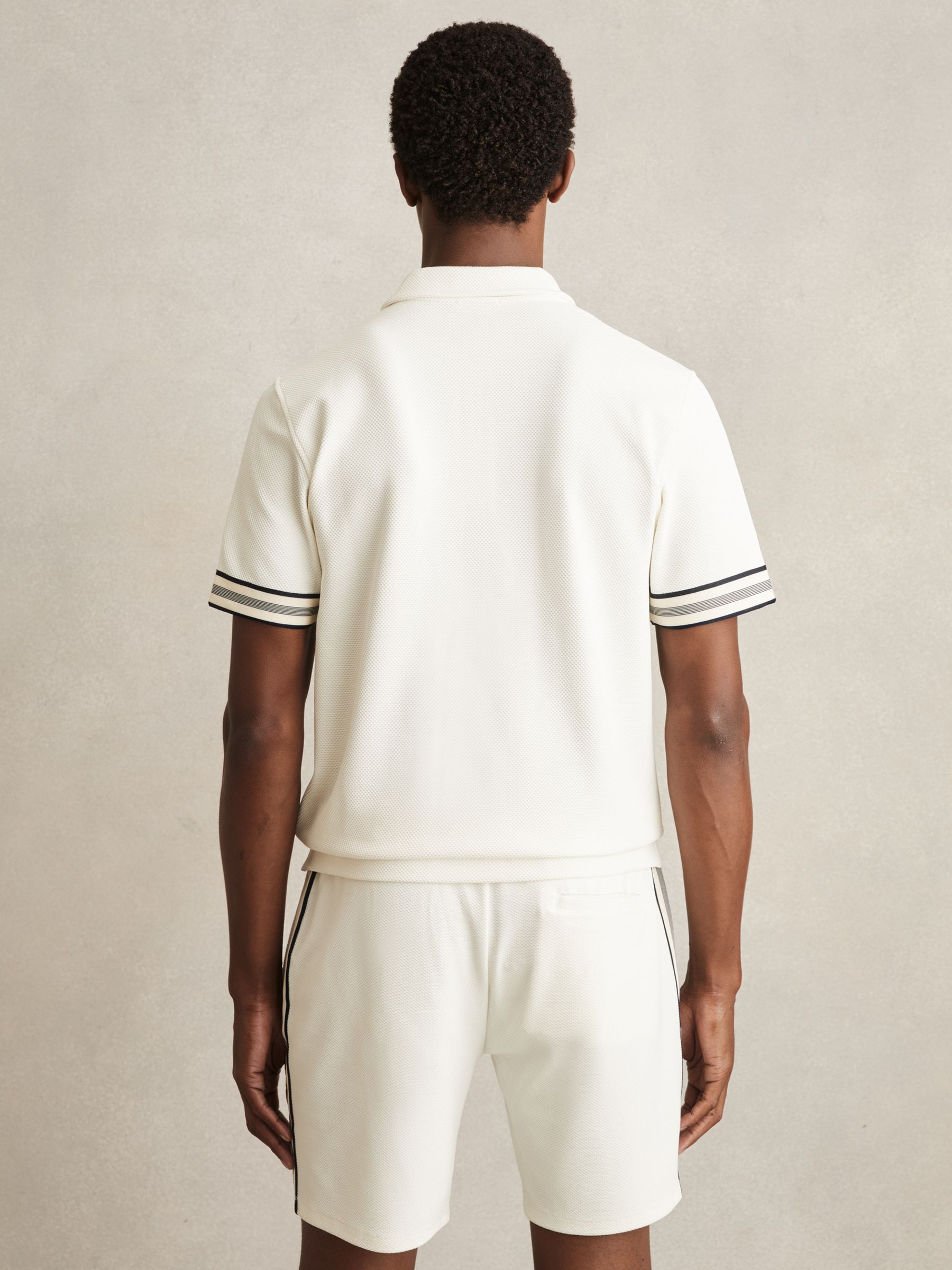 Textured Contrast Trim Half-Zip Polo Shirt in Off White - Image 5 of 6