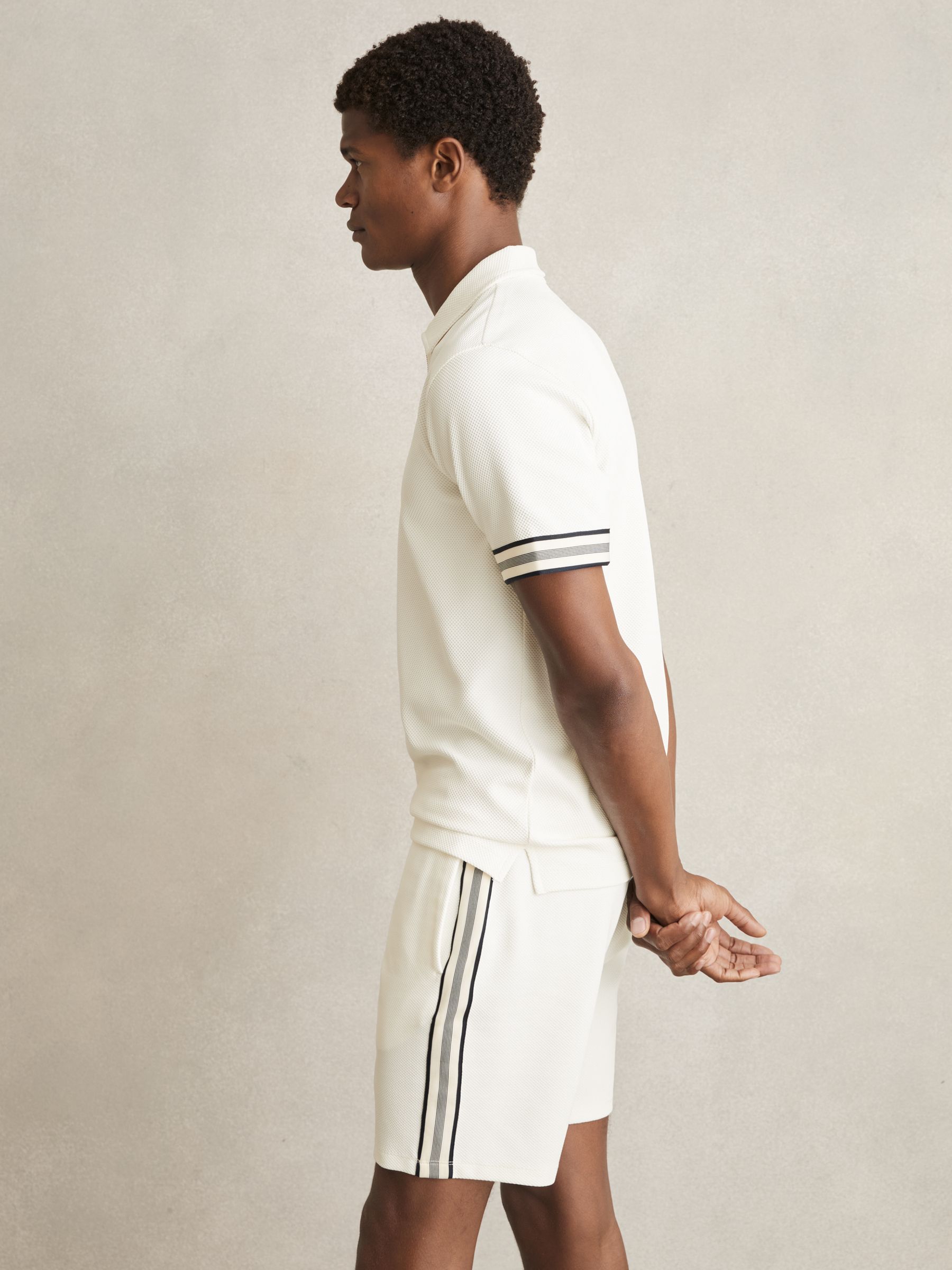 Textured Contrast Trim Half-Zip Polo Shirt in Off White - Image 6 of 6