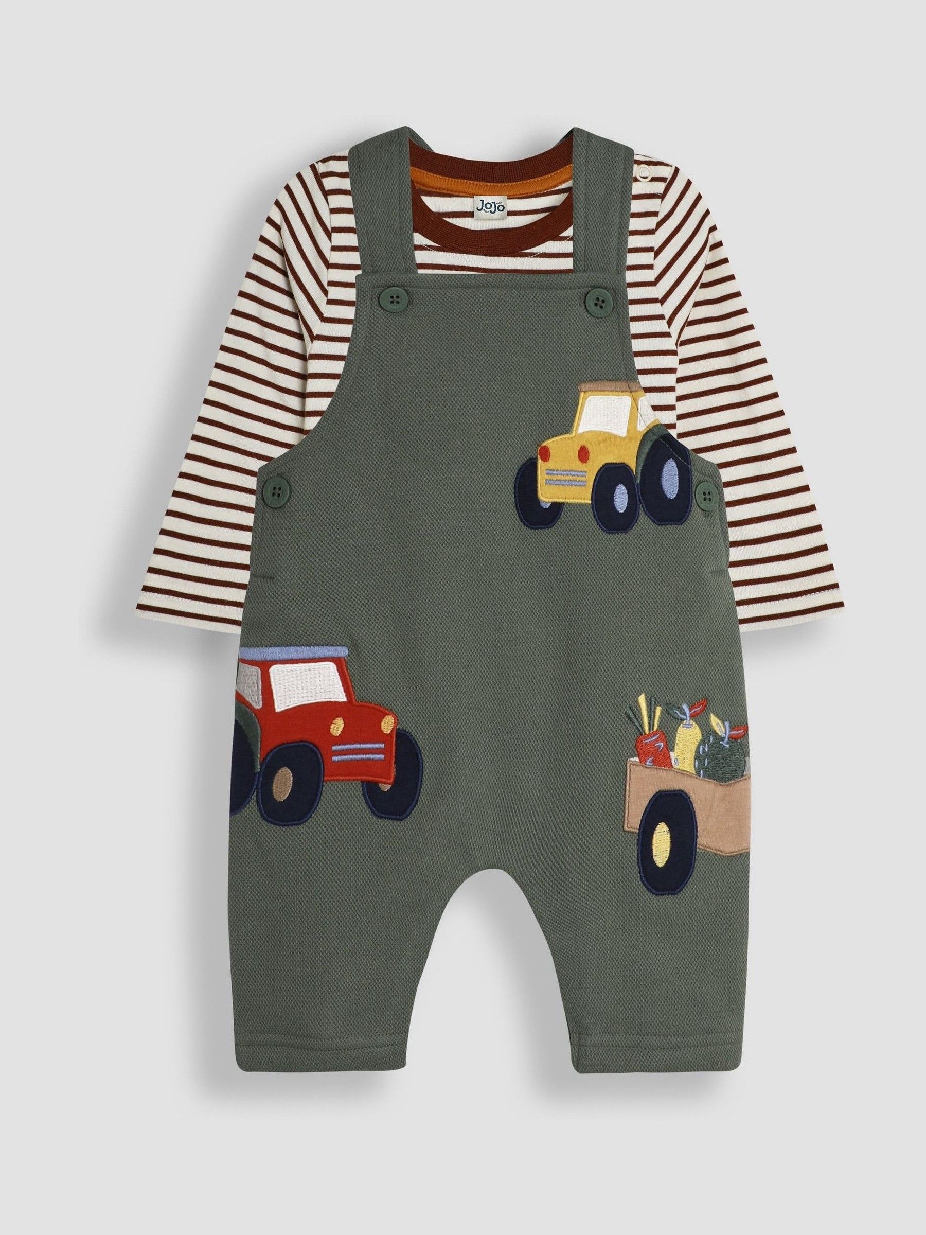 Khaki Tractor Appliqué Texture Dungarees & Top Set - Image 1 of 6