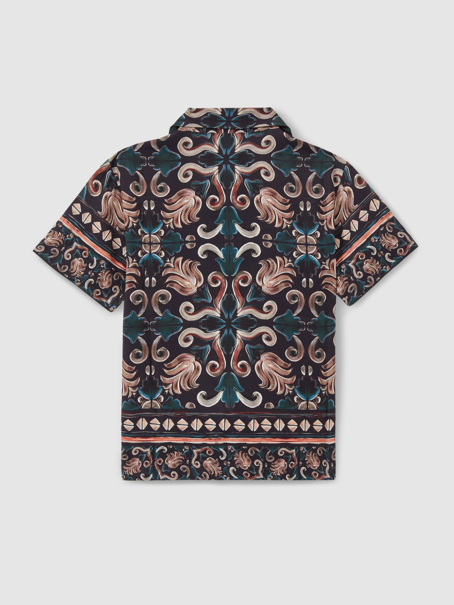 3-9 yrs Ornamental Print Cuban Collar Shirt in Dark Teal - Image 2 of 3