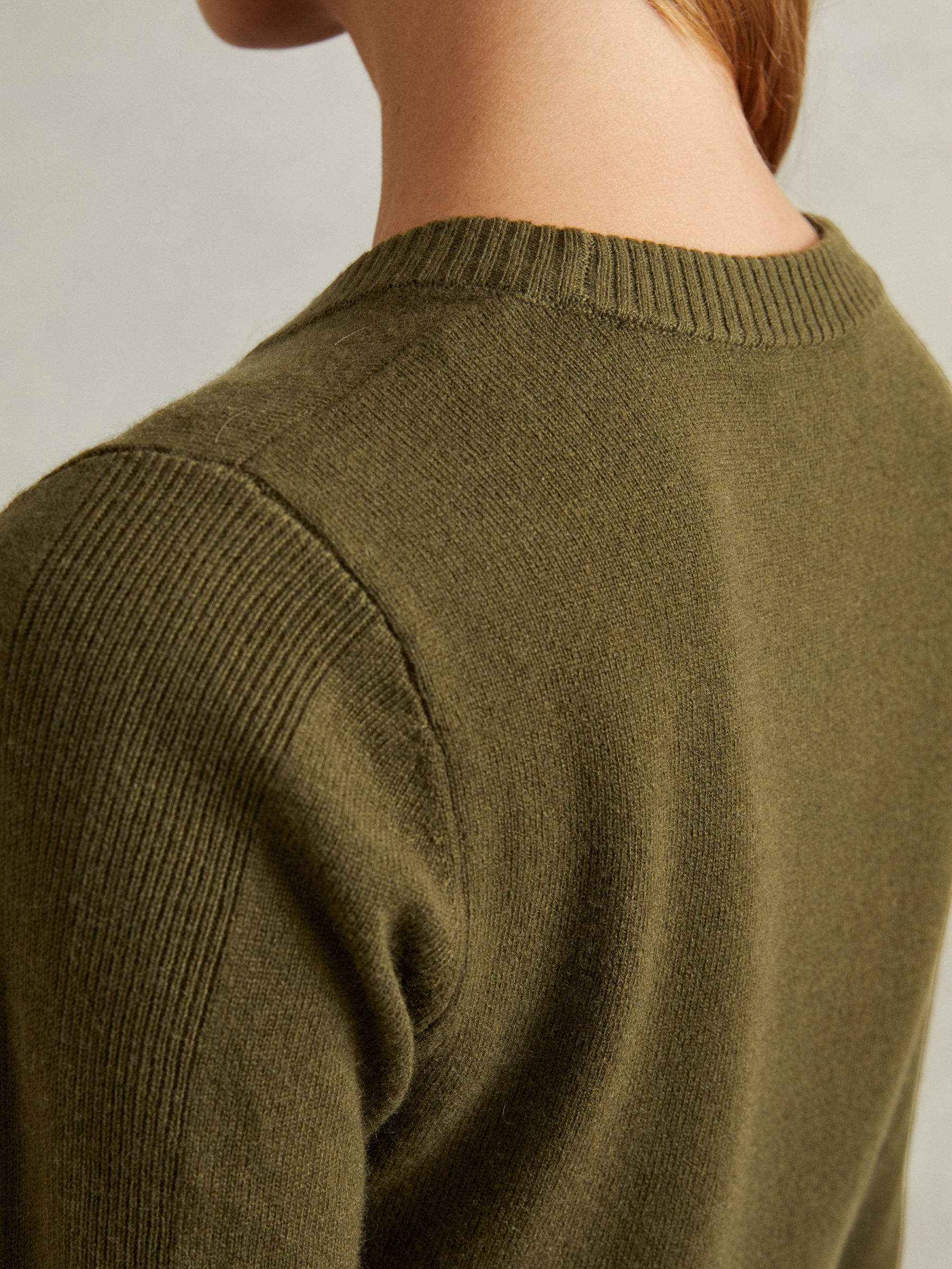 Wool Blend Crew Neck Jumper with Cashmere in Khaki - Image 3 of 5