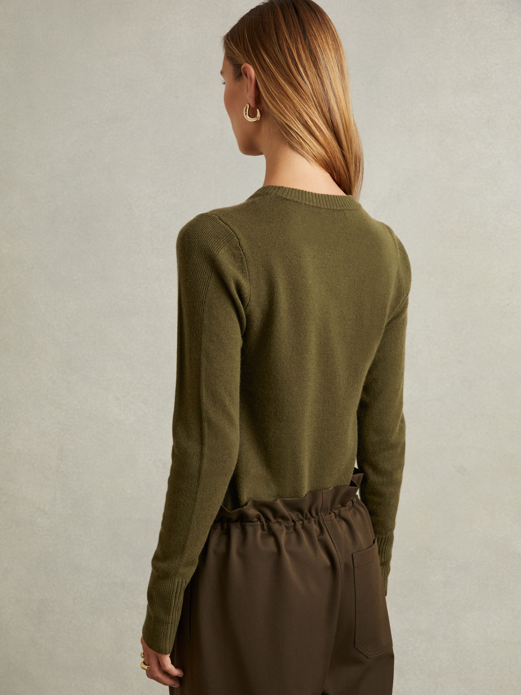Wool Blend Crew Neck Jumper with Cashmere in Khaki - Image 4 of 5