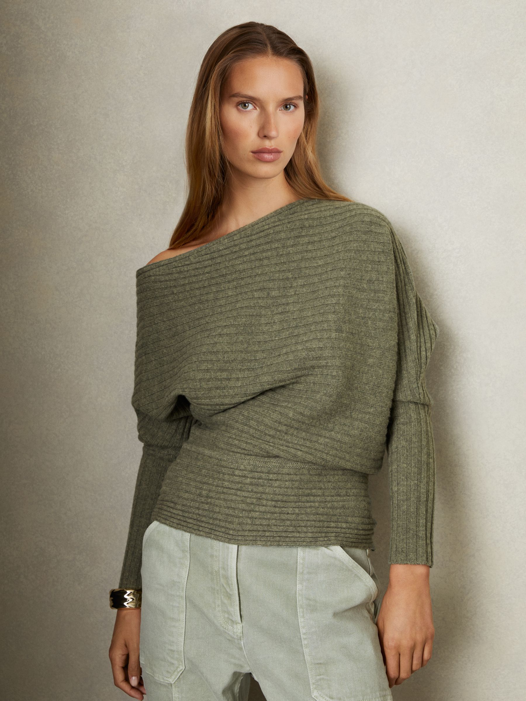 Wool-Cashmere Off-The-Shoulder Draped Jumper in Sage - Image 1 of 5