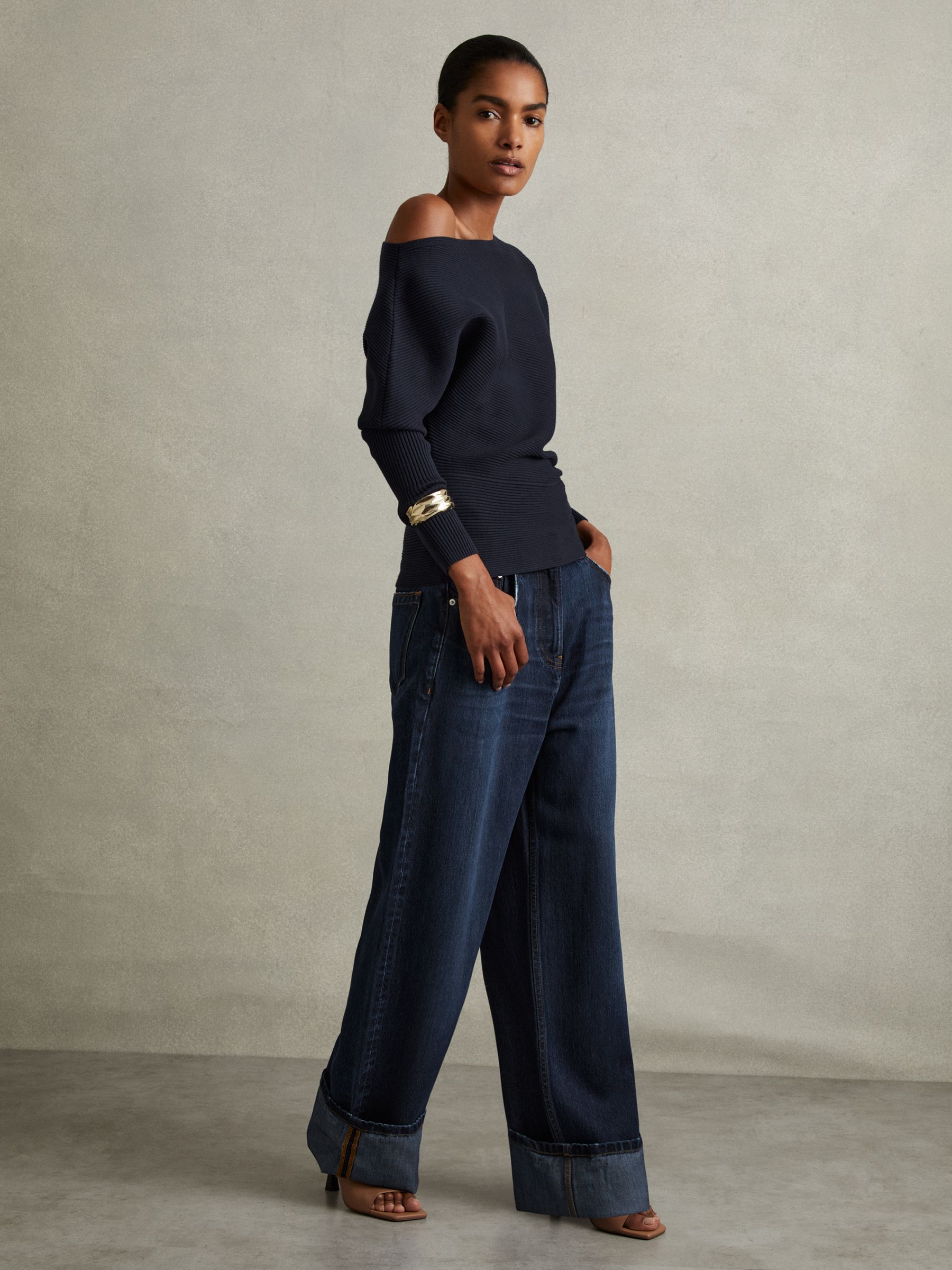 Asymmetric Draped Knitted Jumper in Navy - Image 1 of 5