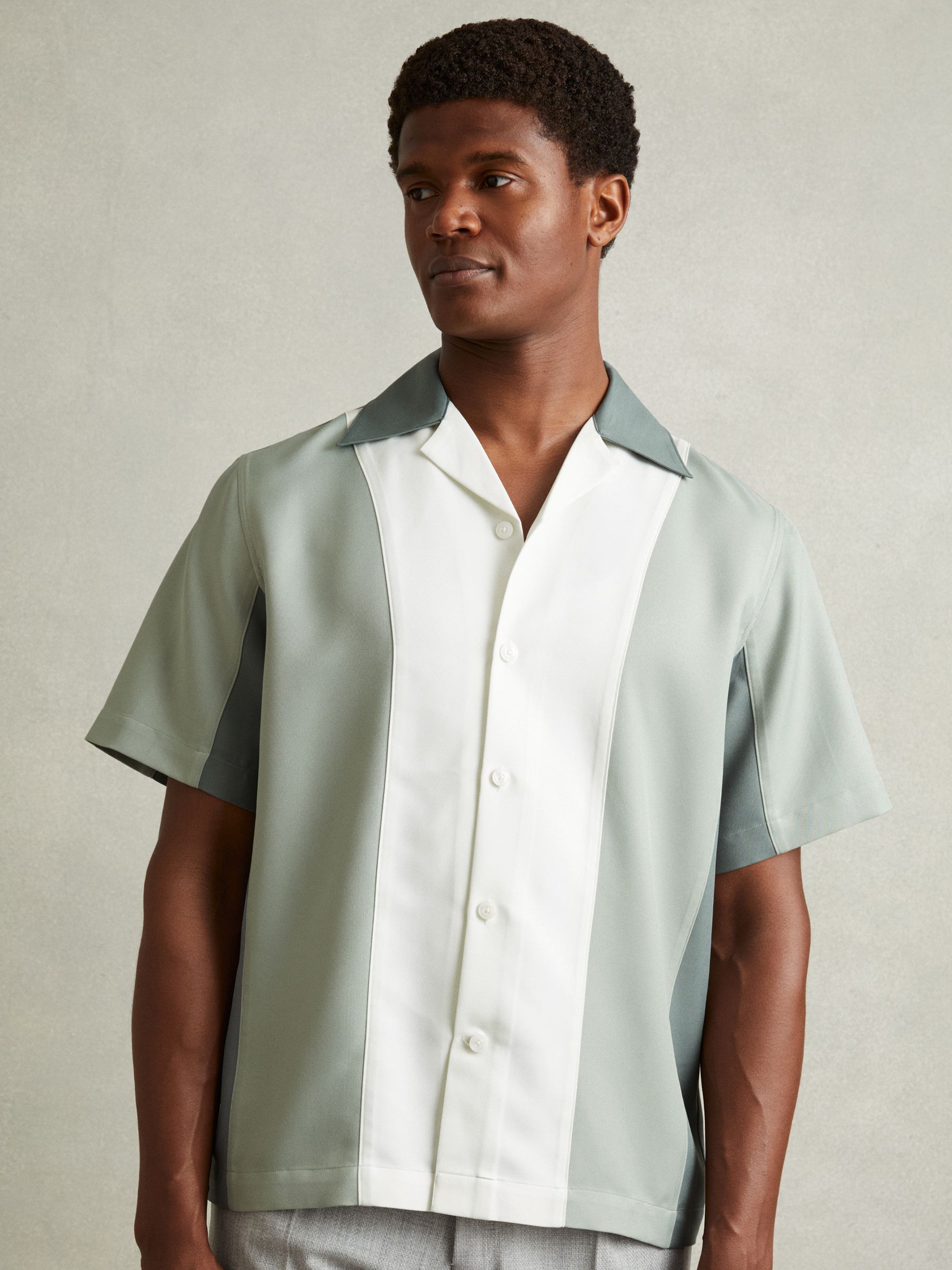 Colourblock Cuban Collar Shirt in Green Multi - Image 1 of 6