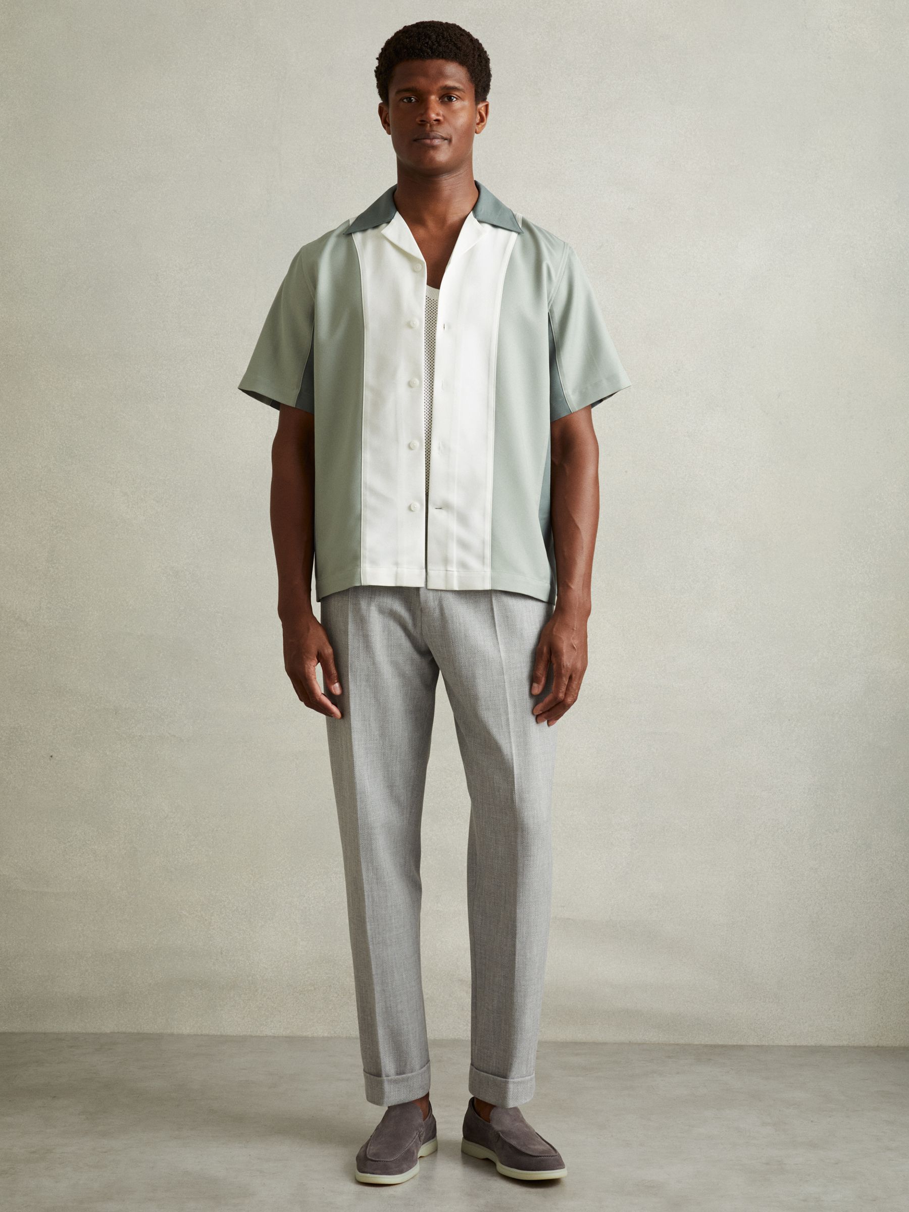 Colourblock Cuban Collar Shirt in Green Multi - Image 3 of 6