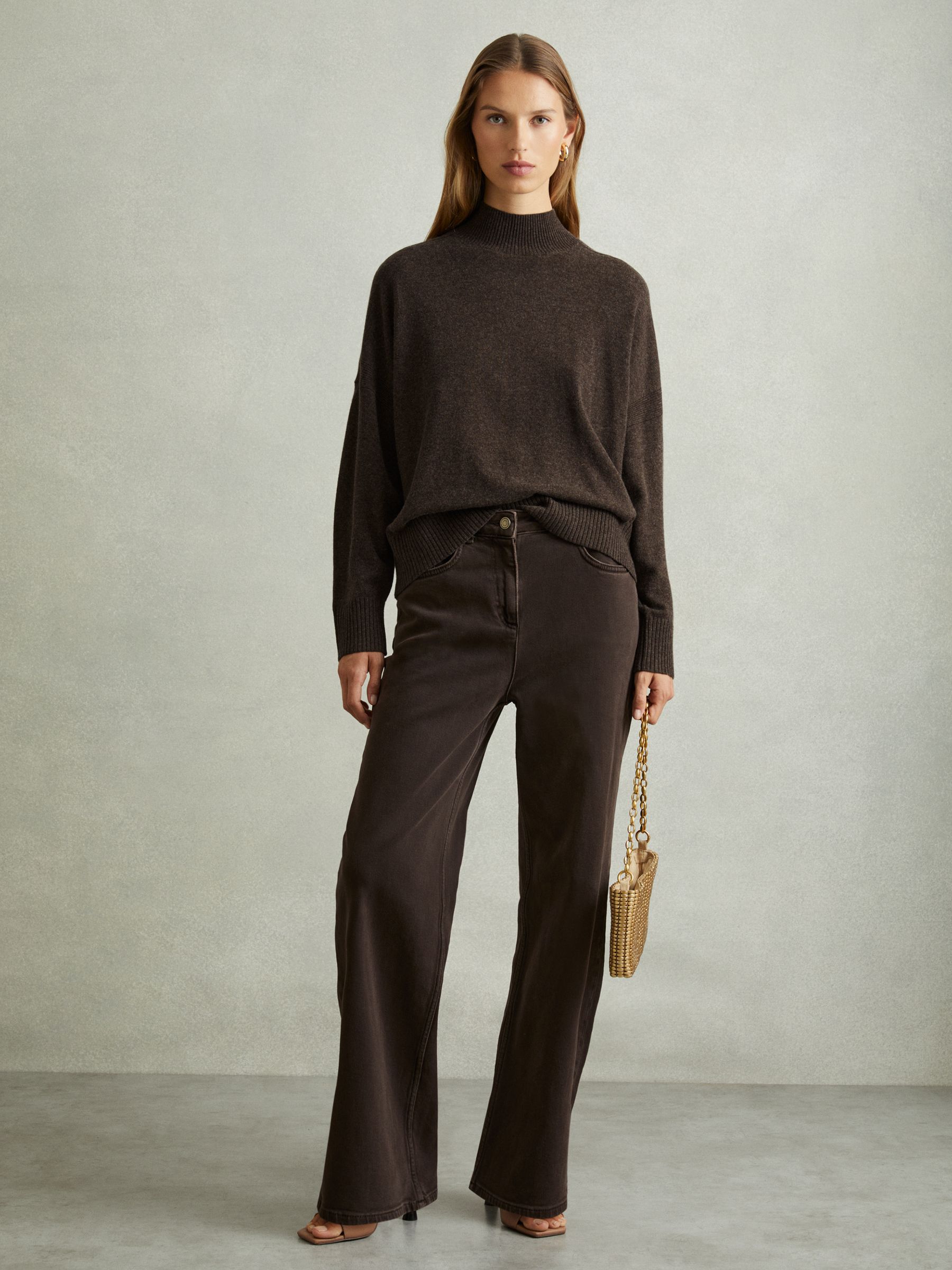 Wool Blend Funnel Neck Jumper in Chocolate - Image 1 of 5