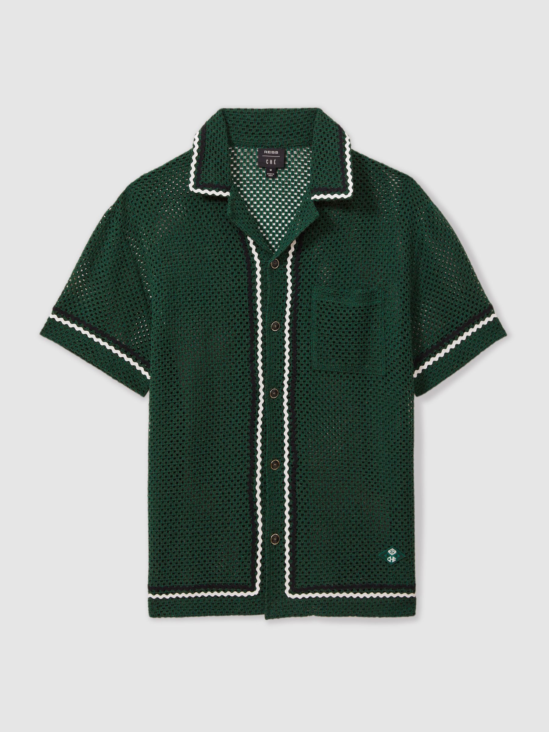 Lucca Dark Green Ché Crochet Contrast Trim Cuban Collar Shirt - Image 2 of 5