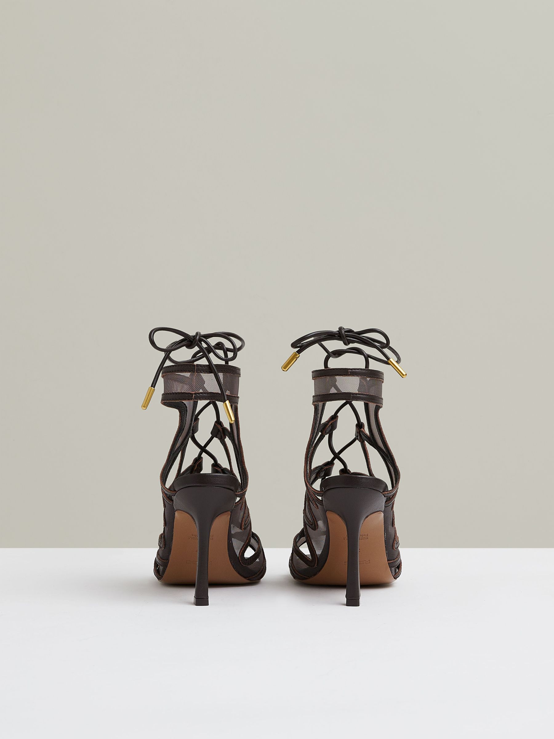 Mesh Leather Strappy Heels in Chocolate - Image 5 of 5