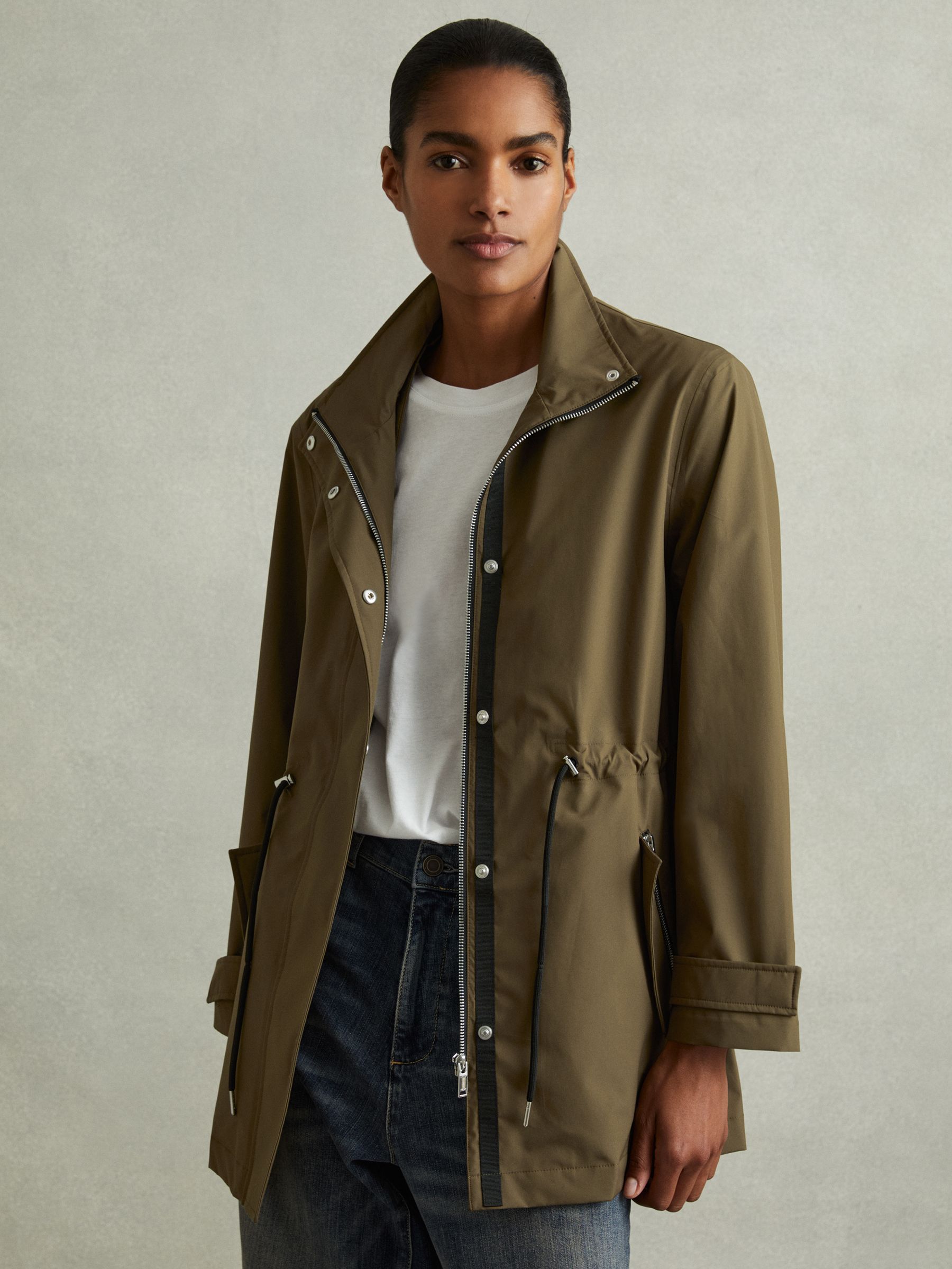 Removable Hooded Insert Water Repellent Raincoat in Khaki - Image 1 of 7