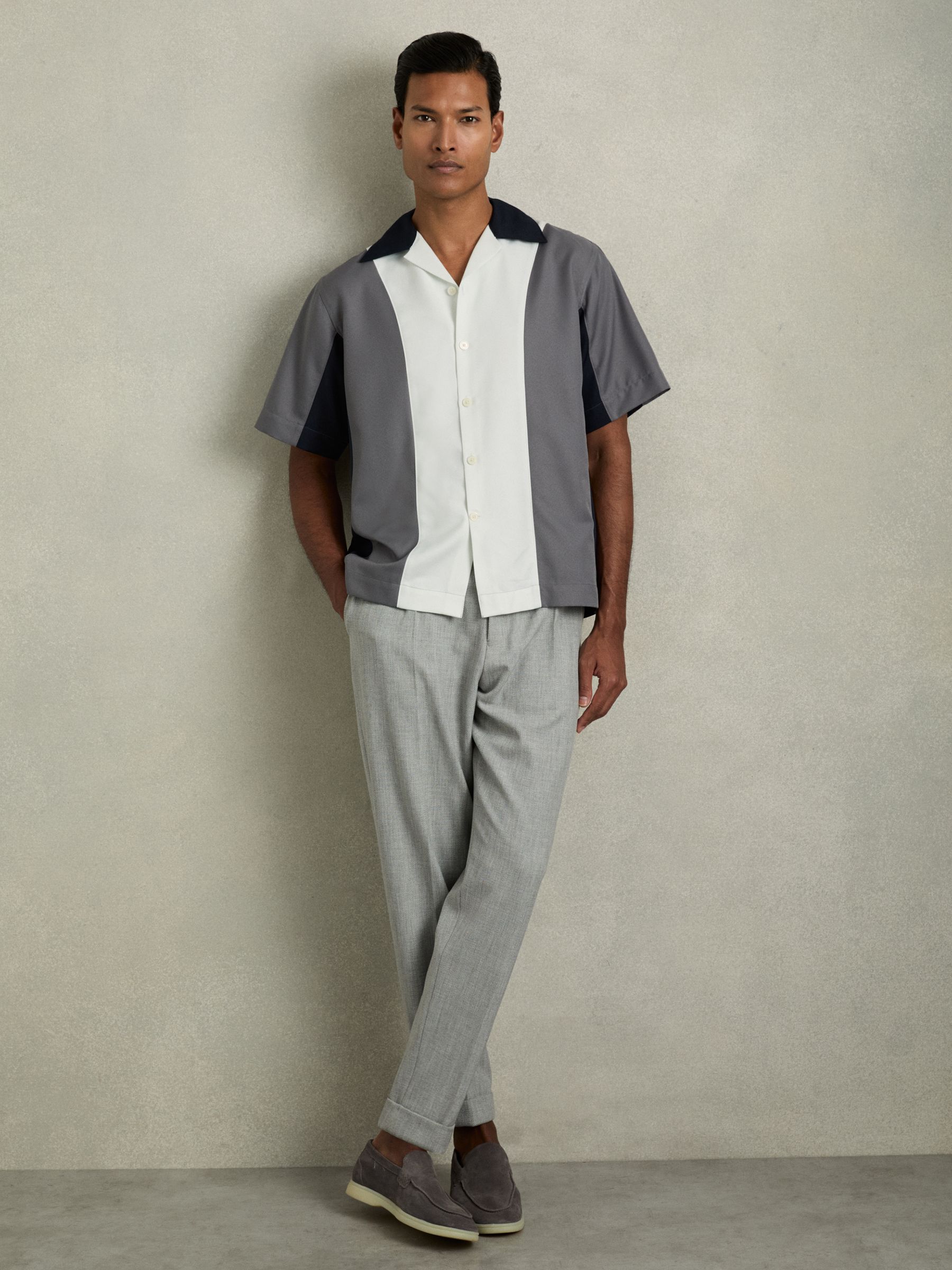Colourblock Cuban Collar Shirt in Blue Multi - Image 1 of 6