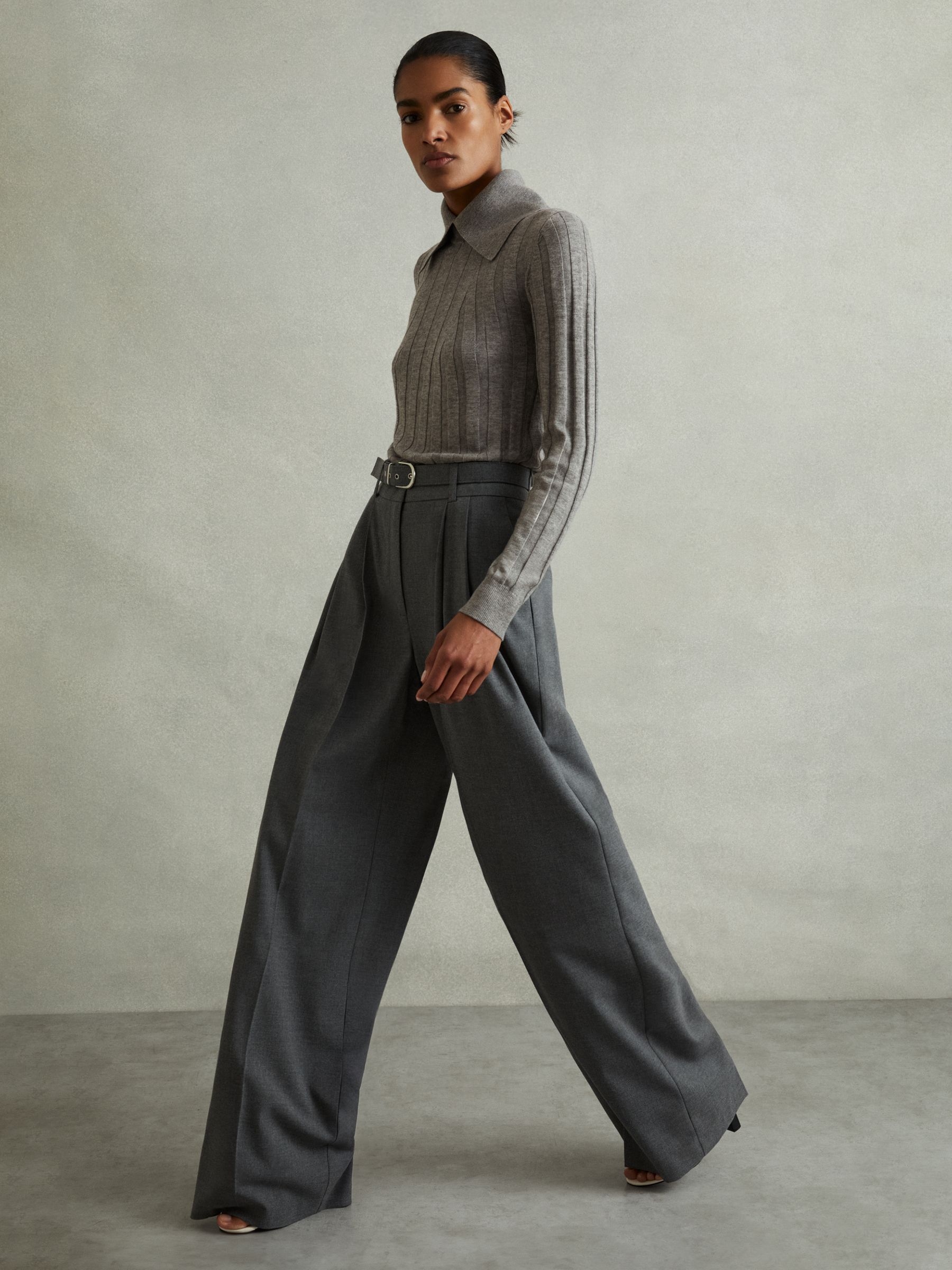 Ribbed Collared Top in Grey - Image 1 of 5