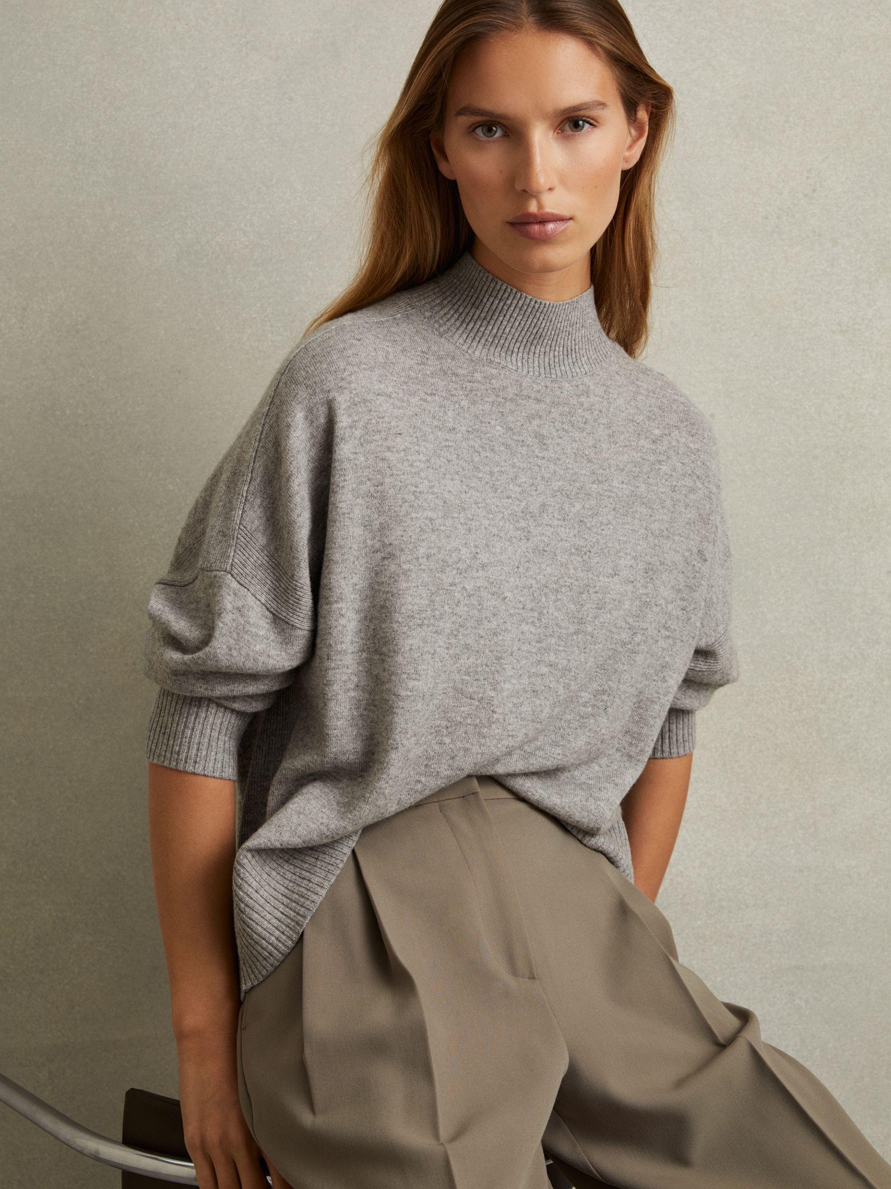 Wool Blend Funnel Neck Jumper in Grey Marl - Image 1 of 5