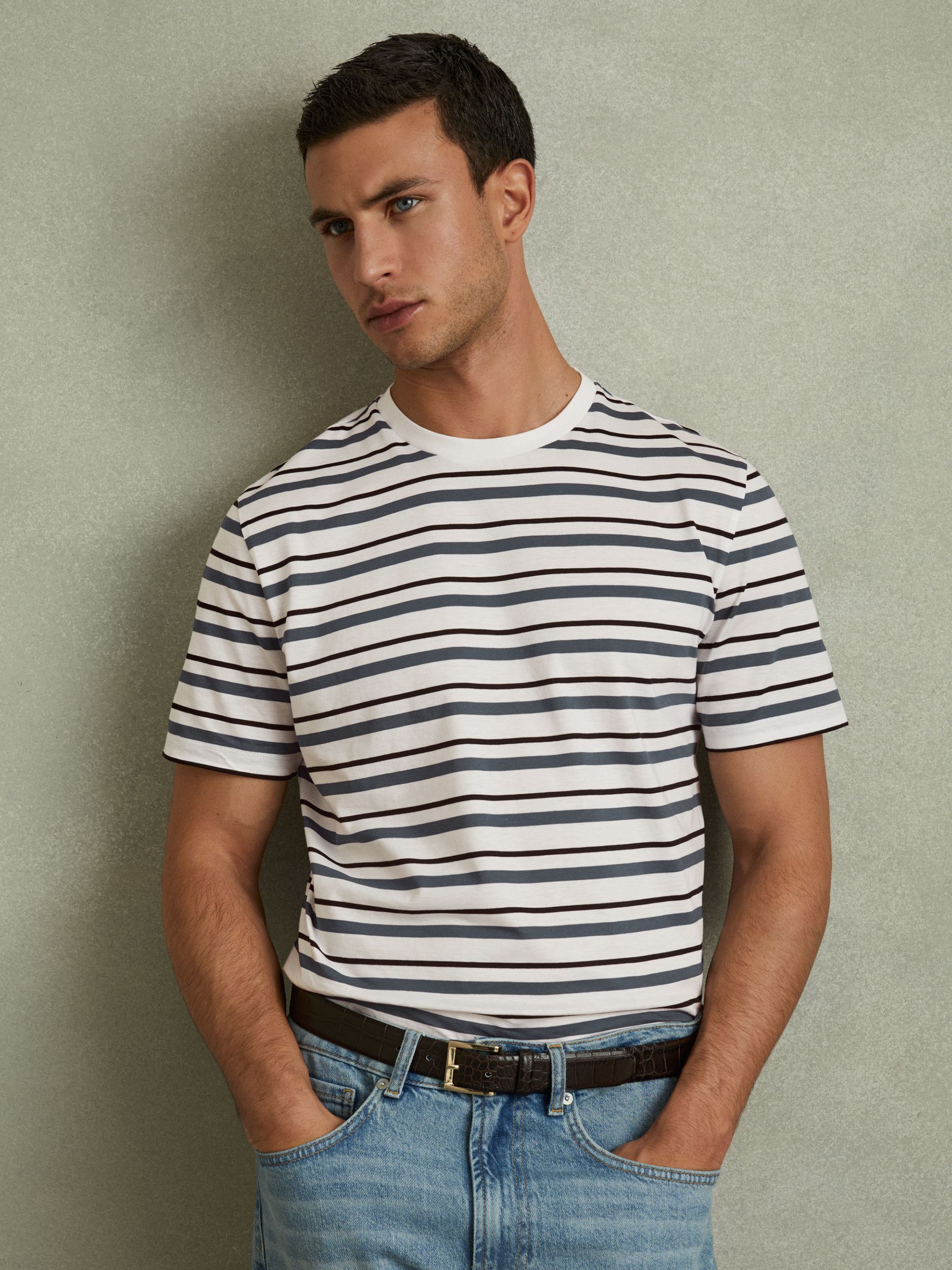 Mercerised Cotton Striped Crew Neck T-Shirt in White/Airforce Blue - Image 1 of 5