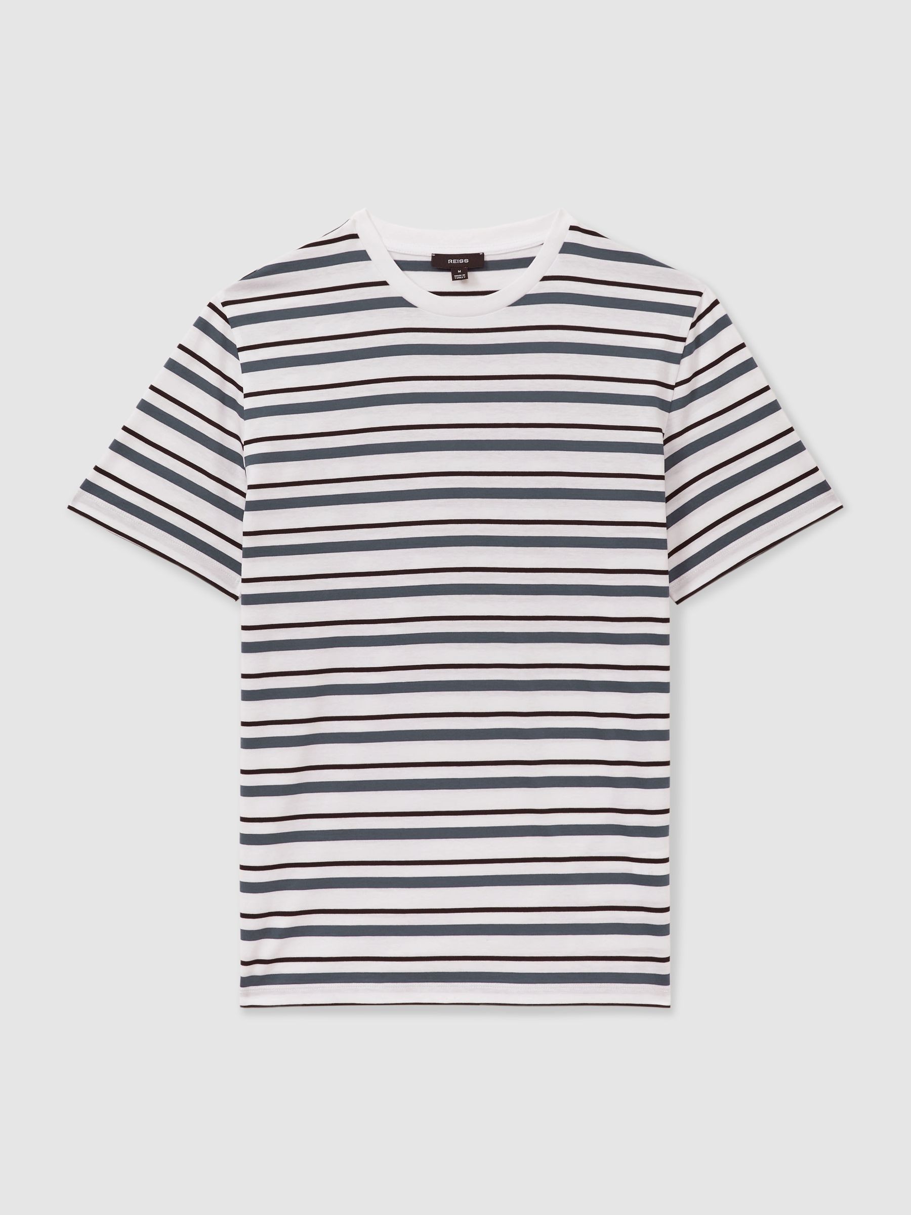 Mercerised Cotton Striped Crew Neck T-Shirt in White/Airforce Blue - Image 2 of 5