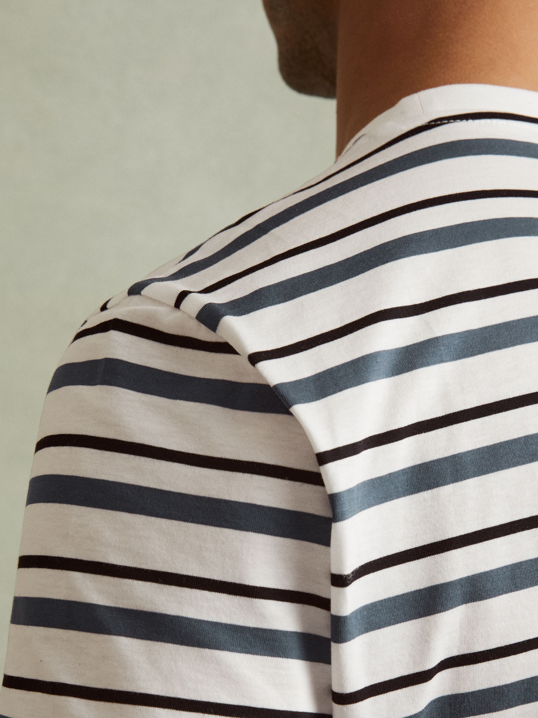 Mercerised Cotton Striped Crew Neck T-Shirt in White/Airforce Blue - Image 3 of 5