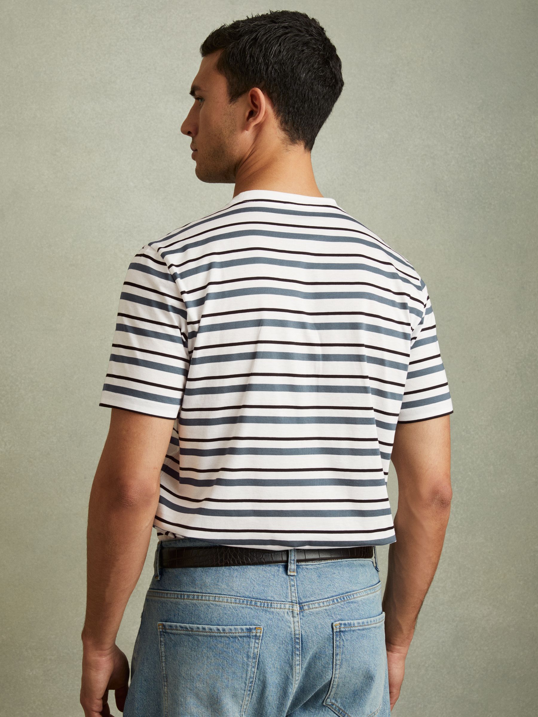 Mercerised Cotton Striped Crew Neck T-Shirt in White/Airforce Blue - Image 4 of 5