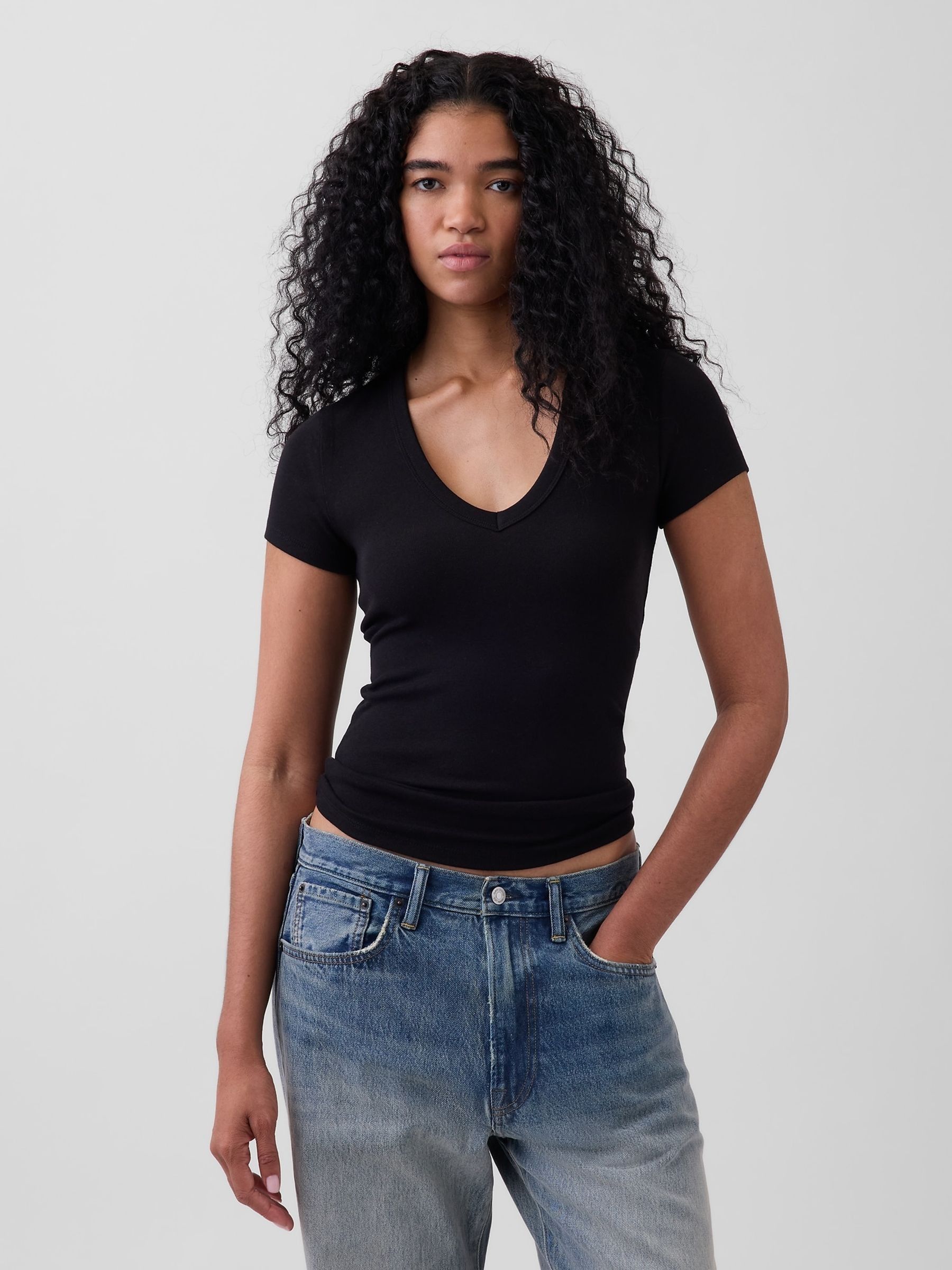 Black Modern V-Neck Short T-Shirt - Image 1 of 4
