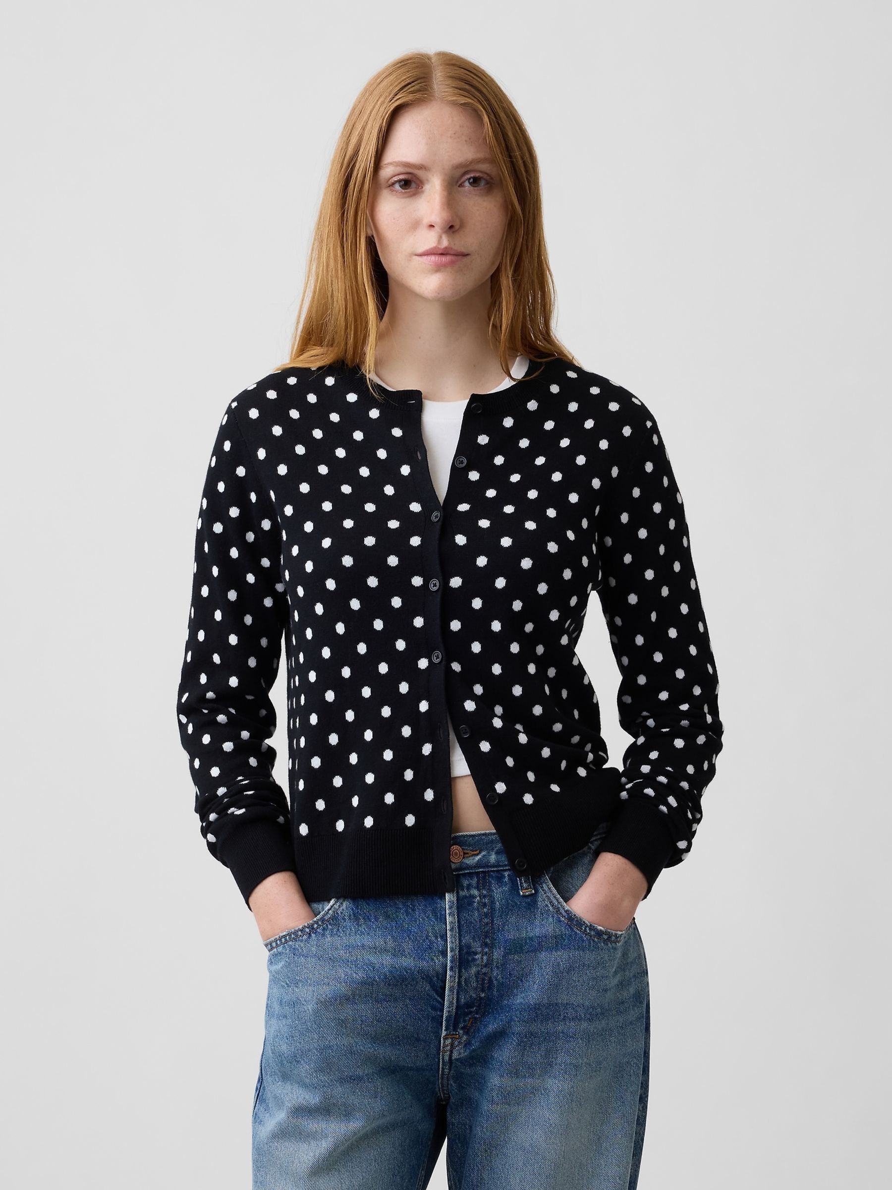 Black Polka Dot Crew Neck Cardigan - Image 1 of 5