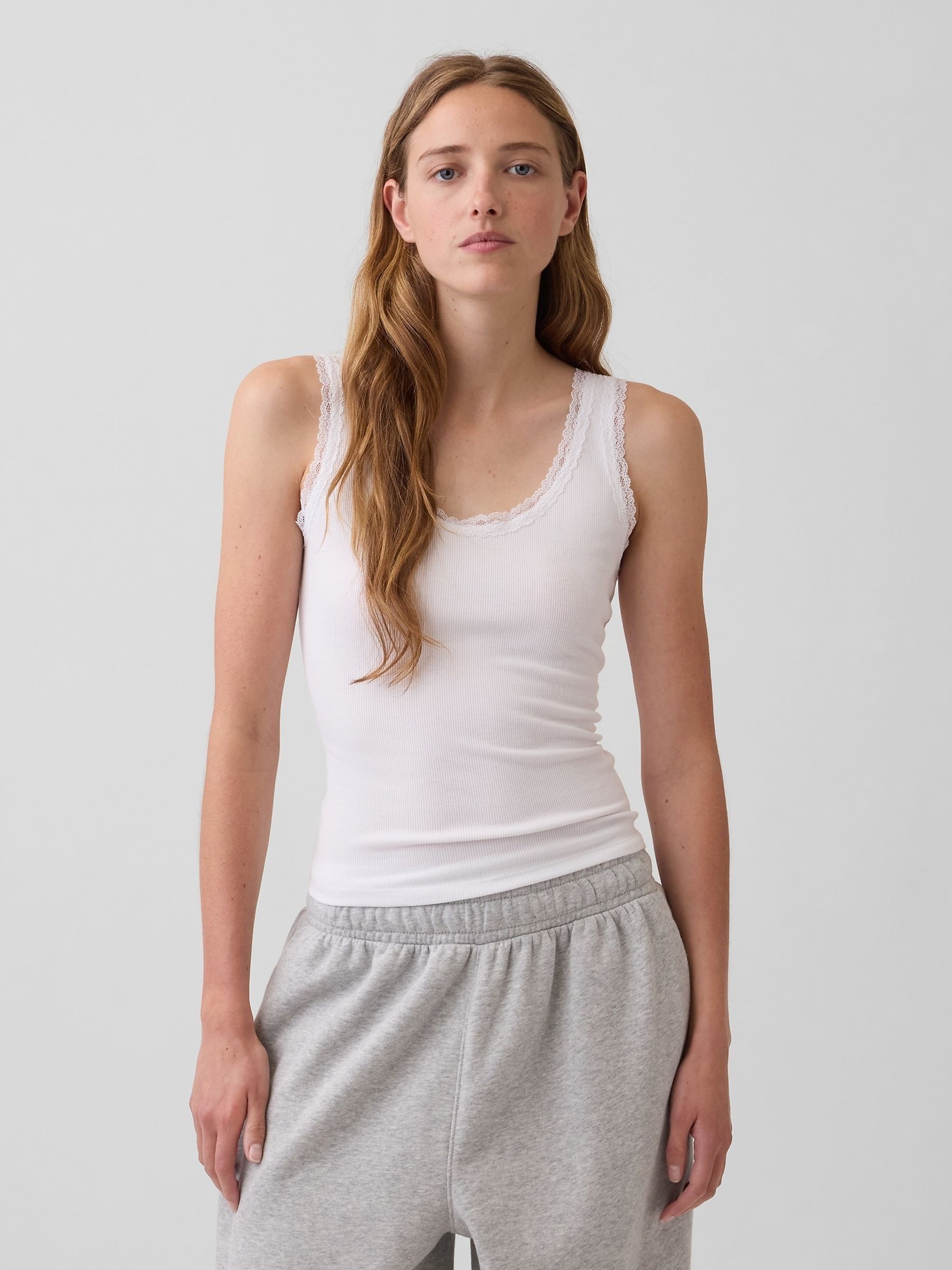 White Mini Rib Lace-Trim Pyjamas Vest - Image 1 of 4 White Mini Rib Lace-Trim Pyjamas Vest - Image 1 of 4