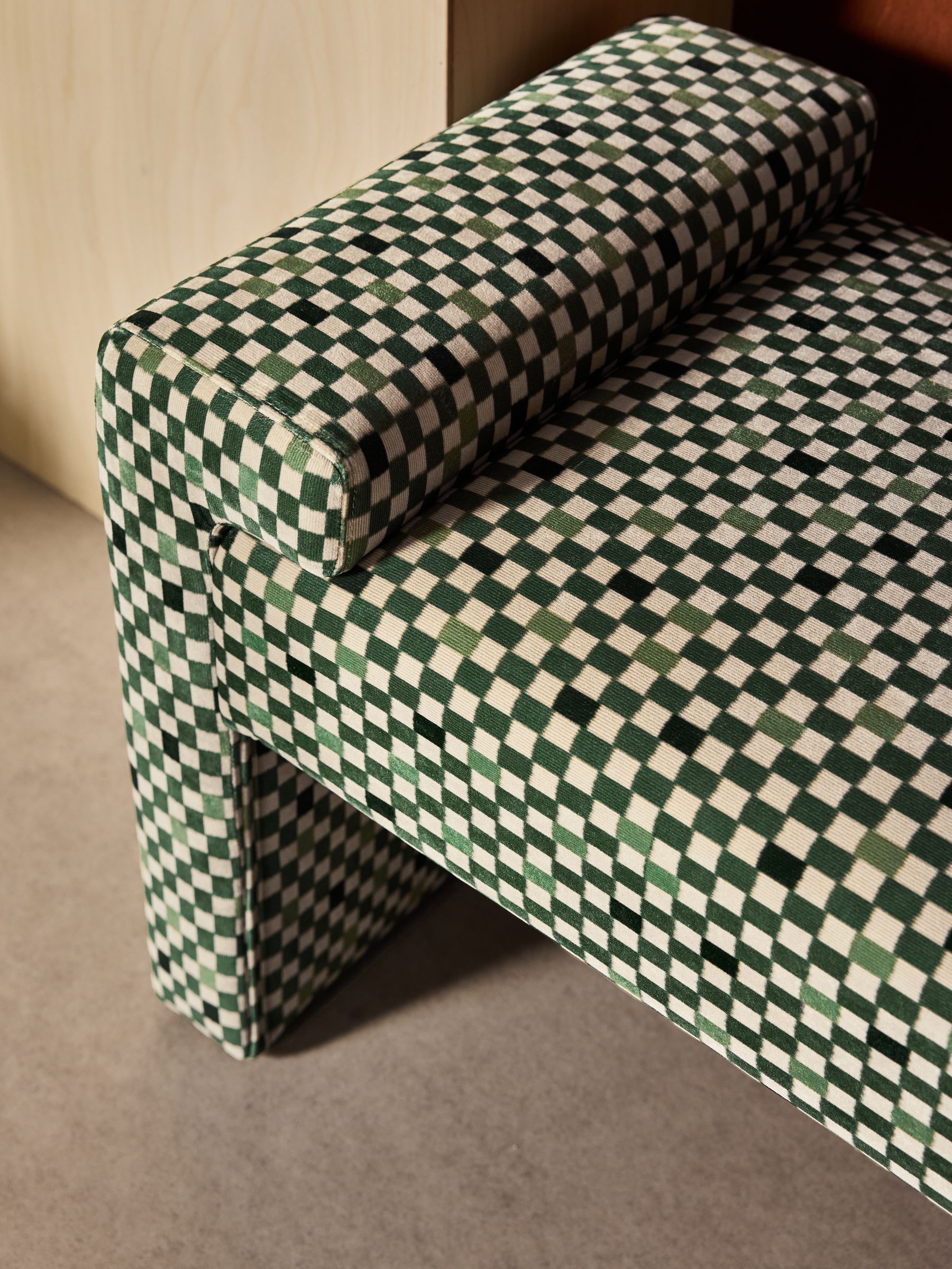 Brixton Bench in Green Checked Velvet - Image 3 of 7