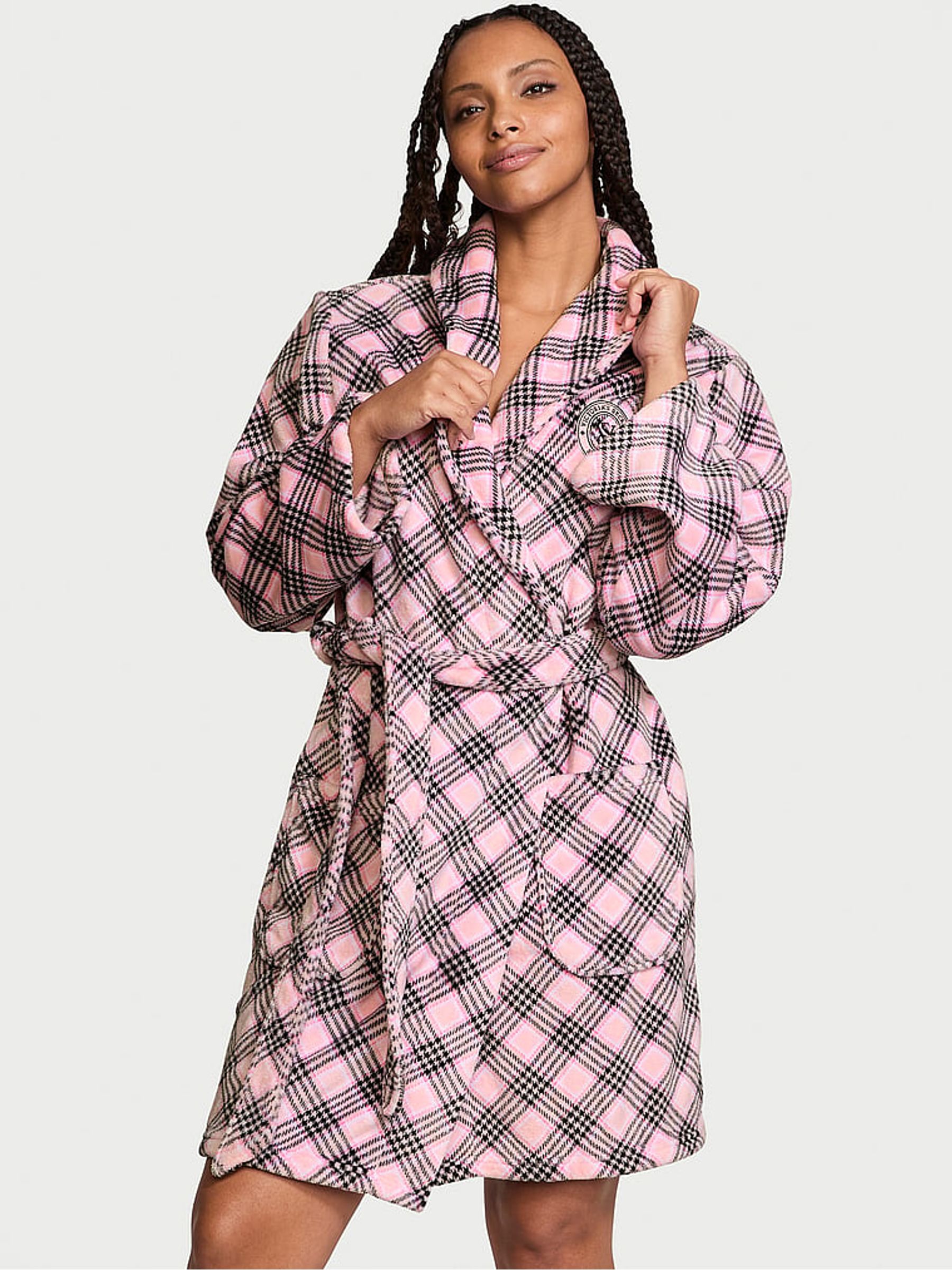 Pretty Blossom Fave Plaid Pink Cosy Short Dressing Gown - Image 1 of 3