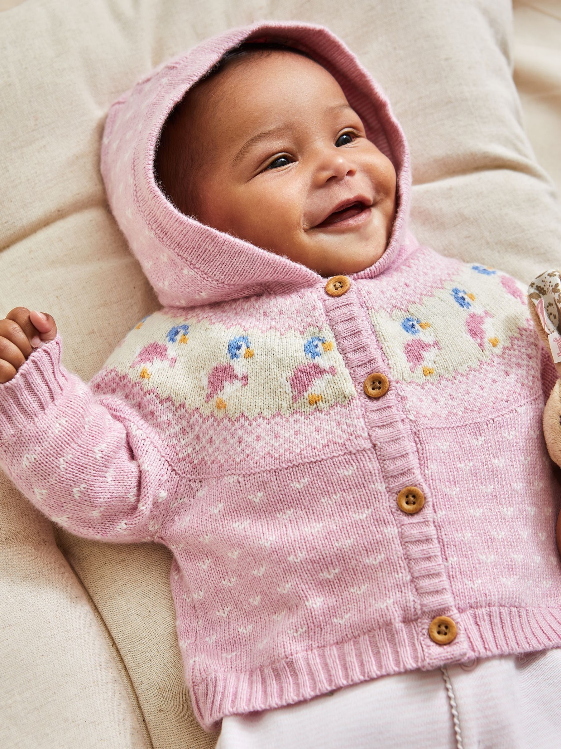 Pink Peter Rabbit Fairisle Pattern Cosy Hooded Baby Cardigan - Image 1 of 5
