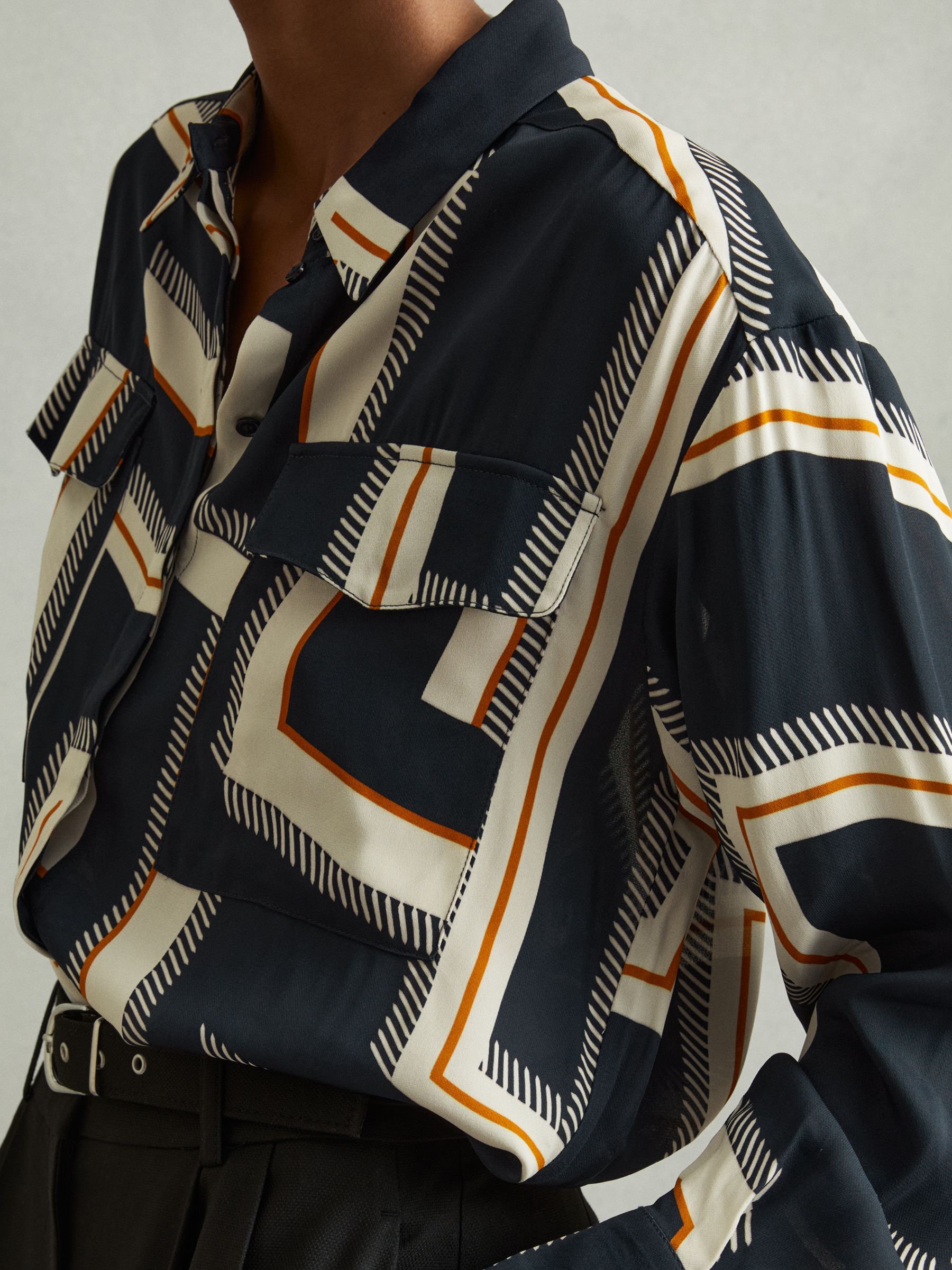 Isadora Navy Geometric Print Button Through Shirt - Image 3 of 5