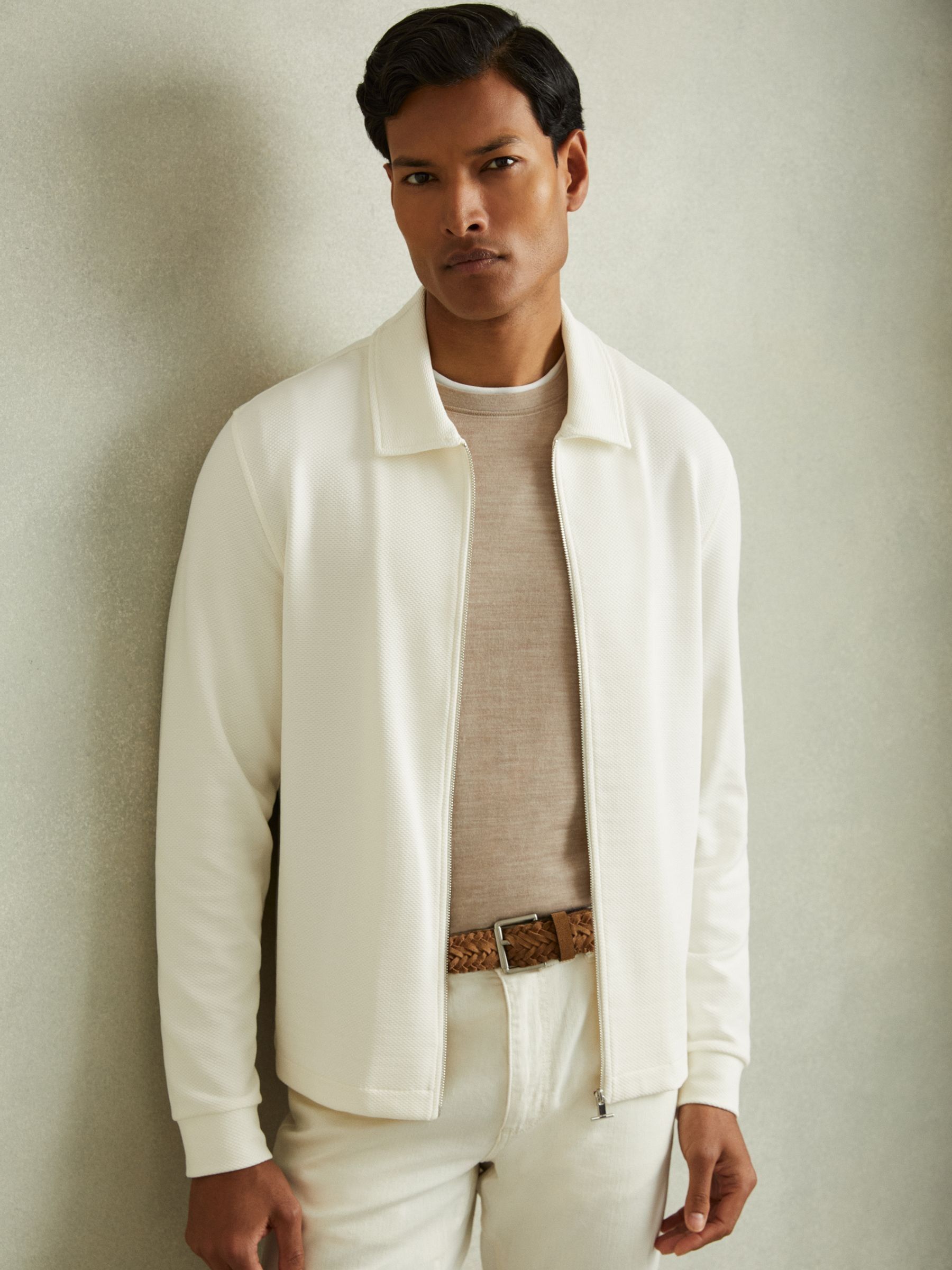 Textured Zip-Through Overshirt in Off White - Image 1 of 6