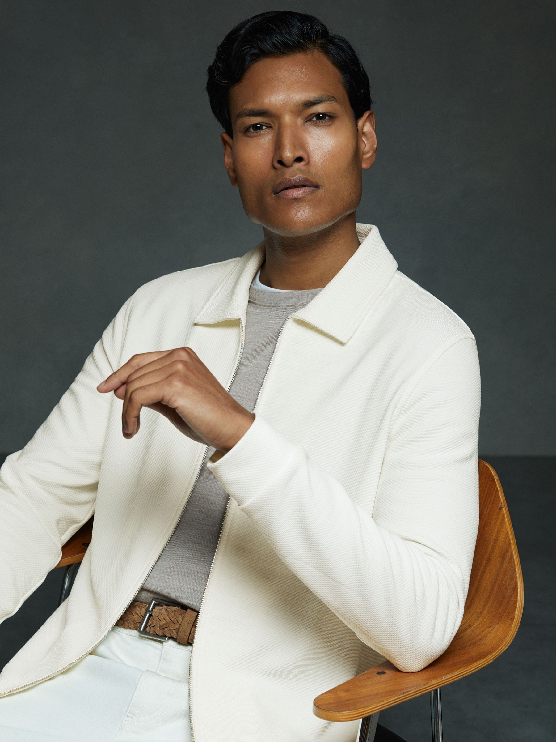Textured Zip-Through Overshirt in Off White - Image 5 of 6