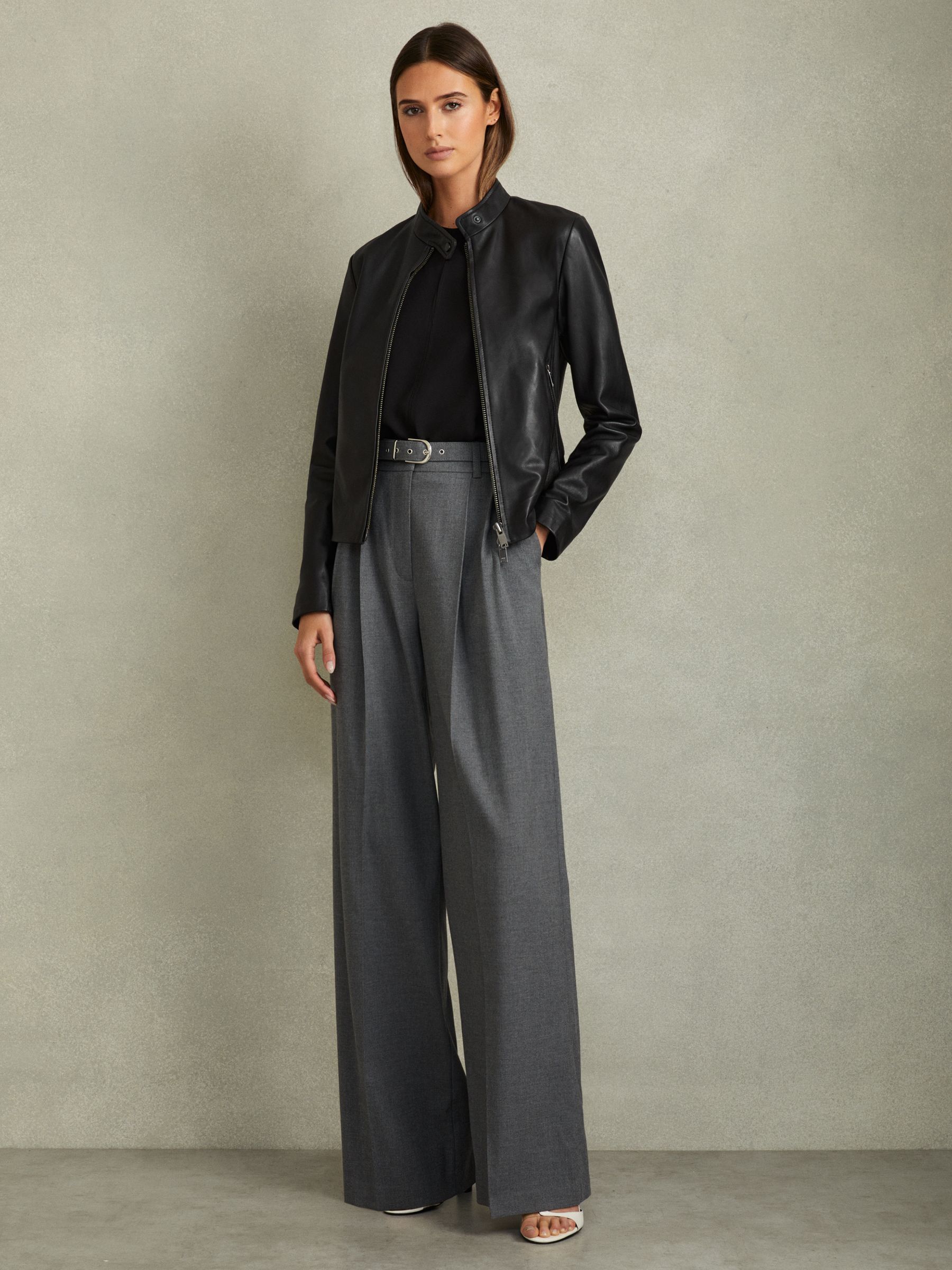 Darby Black Leather Zip-Front Biker Jacket - Image 1 of 6