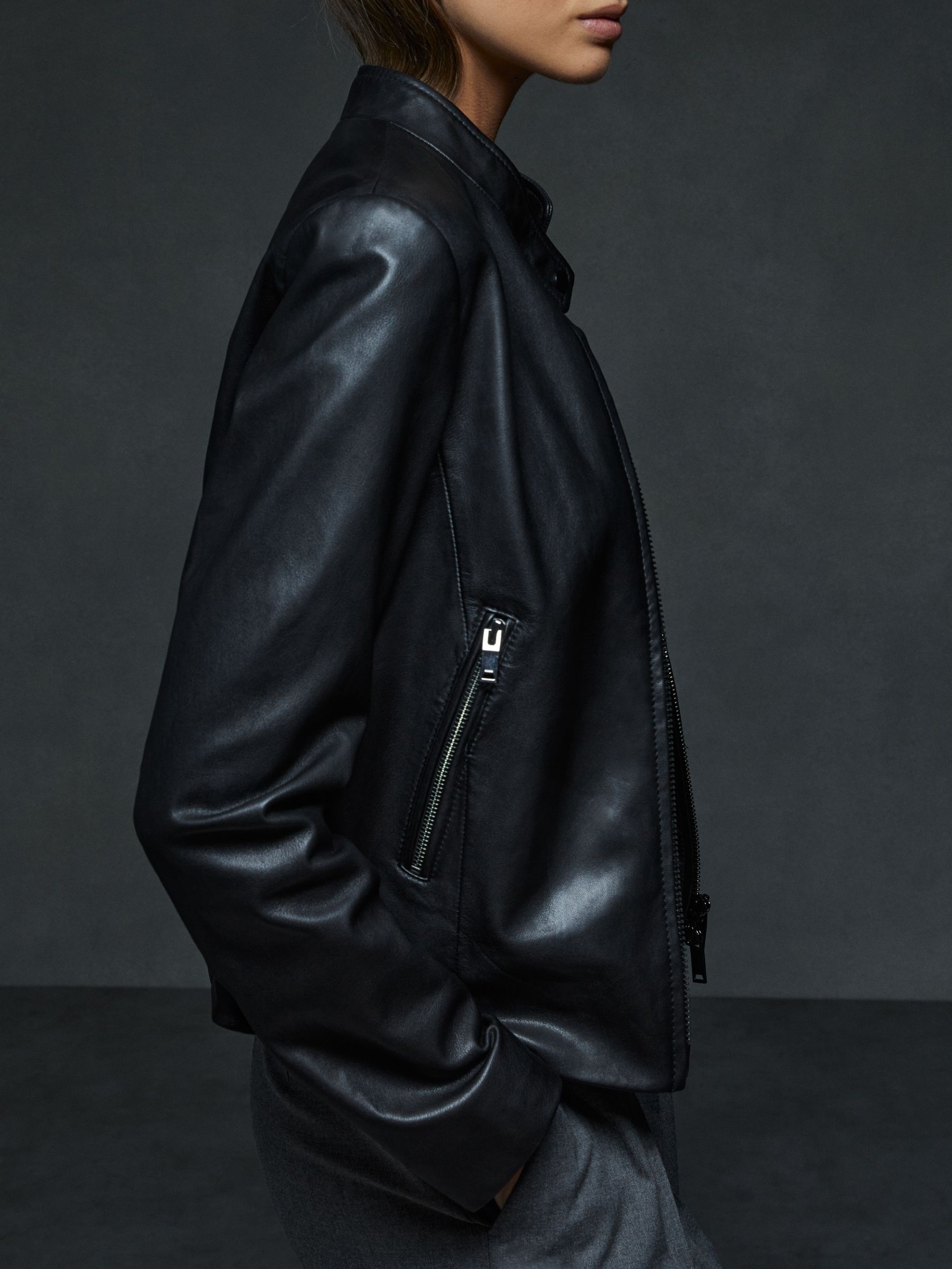 Darby Black Leather Zip-Front Biker Jacket - Image 5 of 6