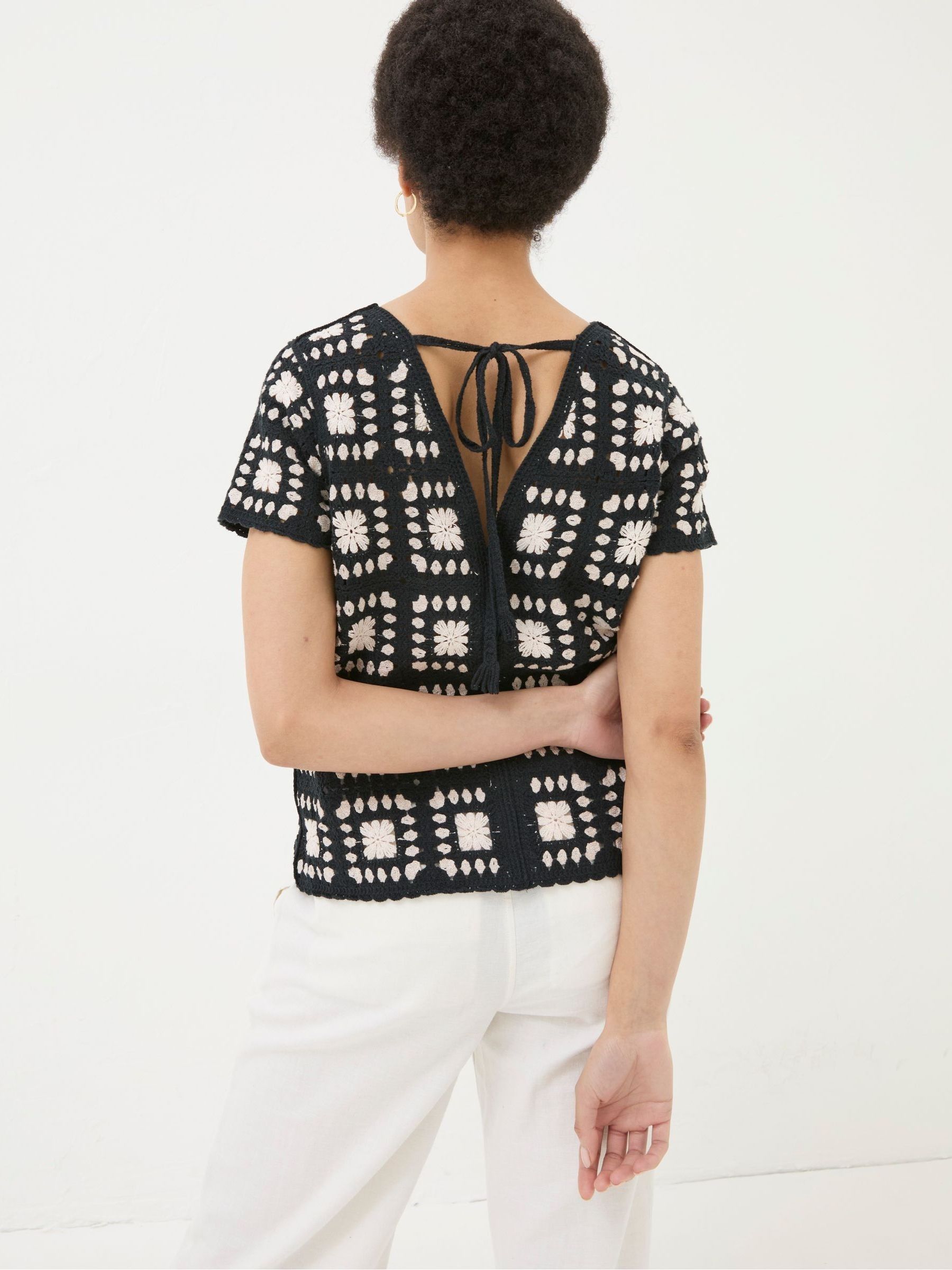 Black Mono Crochet Patchwork T-Shirt - Image 2 of 5