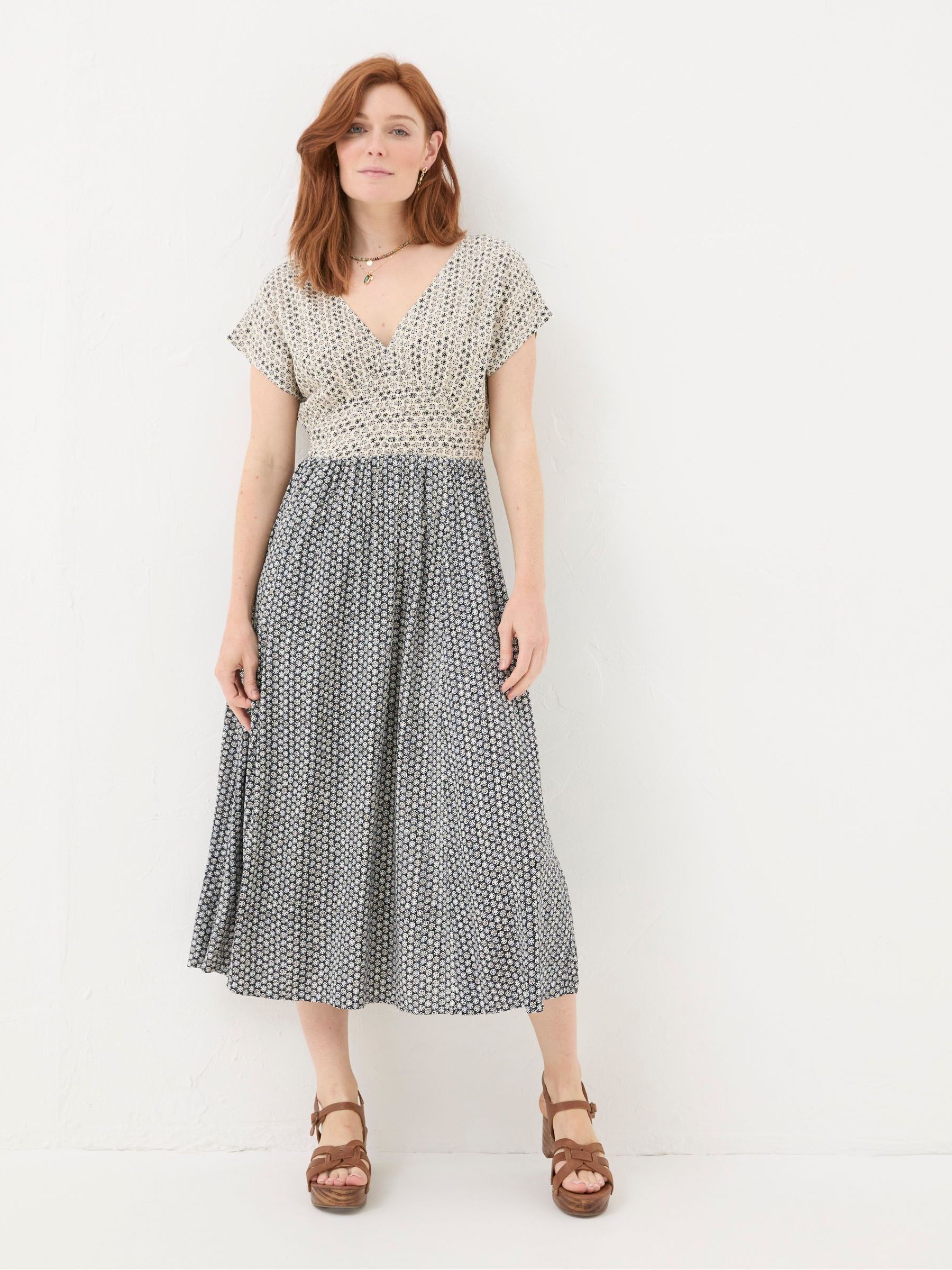 knee length dresses for ladies Geo Print Midi Dress with Smocked Waistline Green & Orange