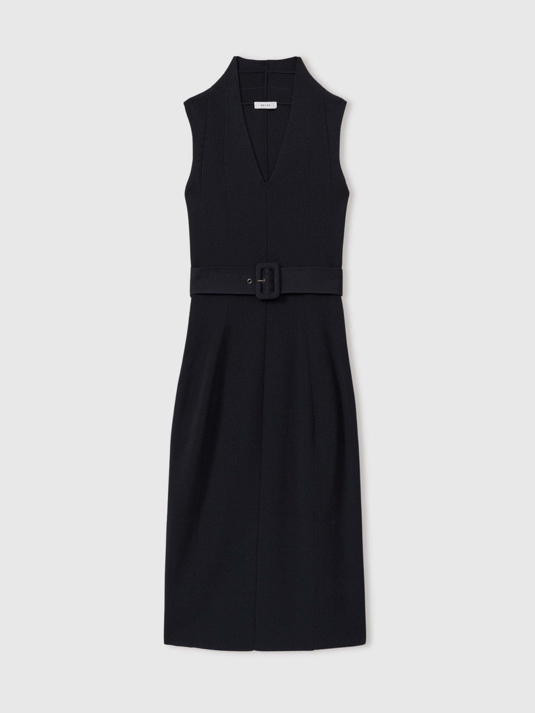 Ella Navy Knitted Ribbed Belted Midi Dress - Image 2 of 5