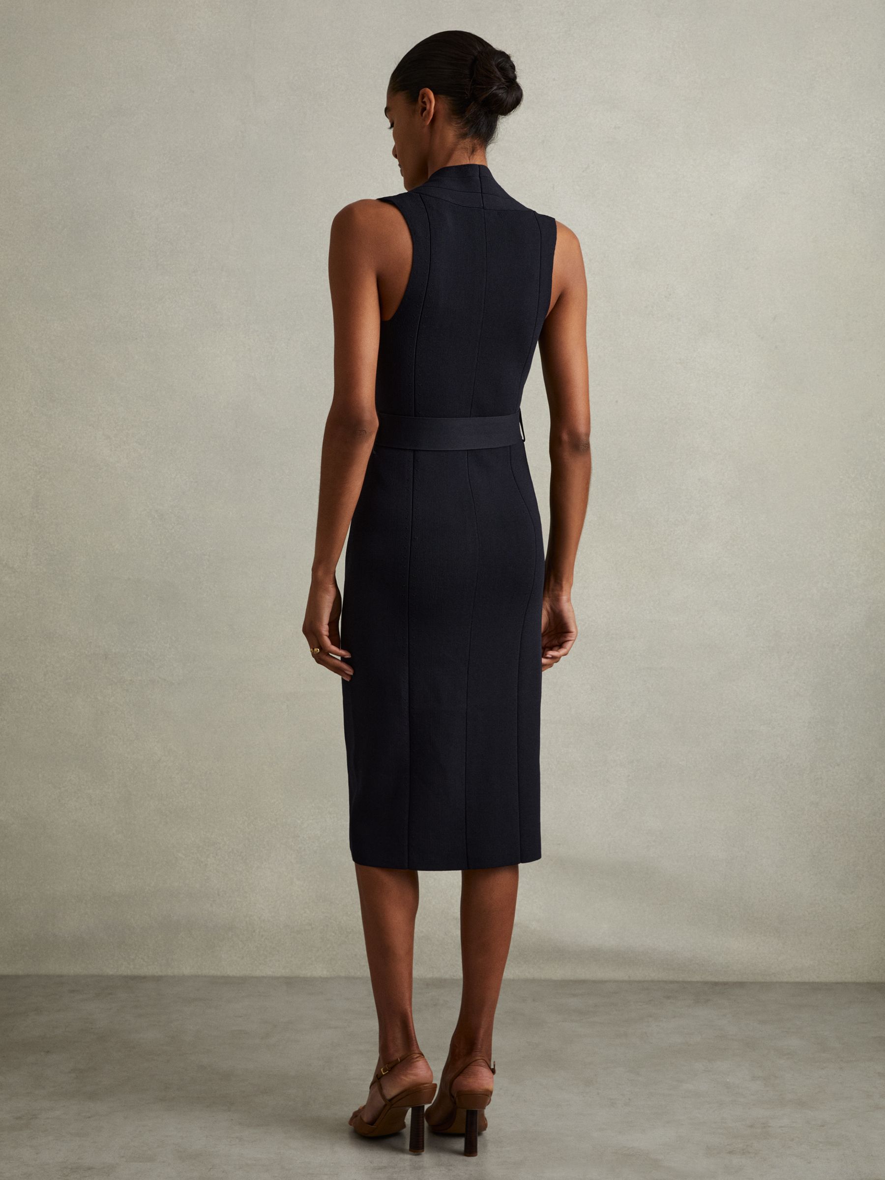 Ella Navy Knitted Ribbed Belted Midi Dress - Image 4 of 5