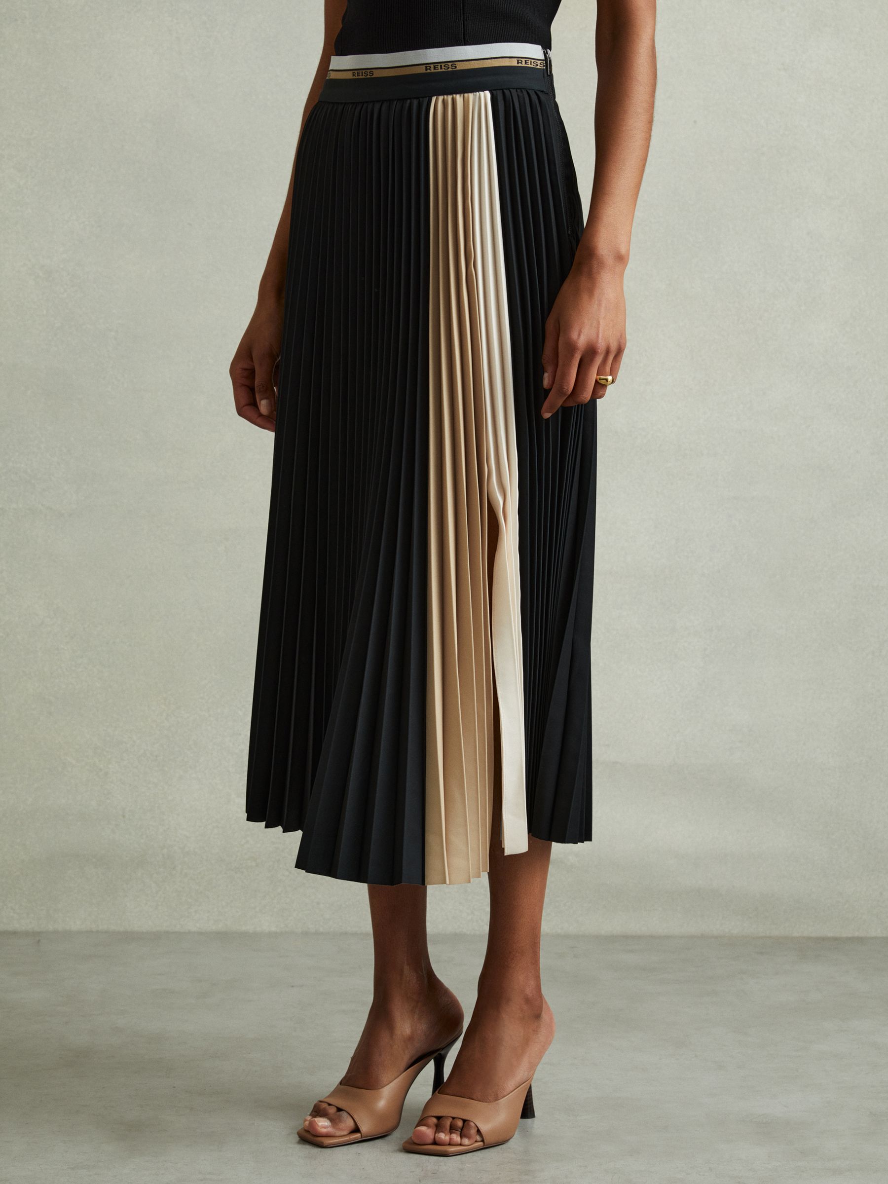 Iris Black Pleated Waistband Detail Midi Skirt - Image 3 of 6