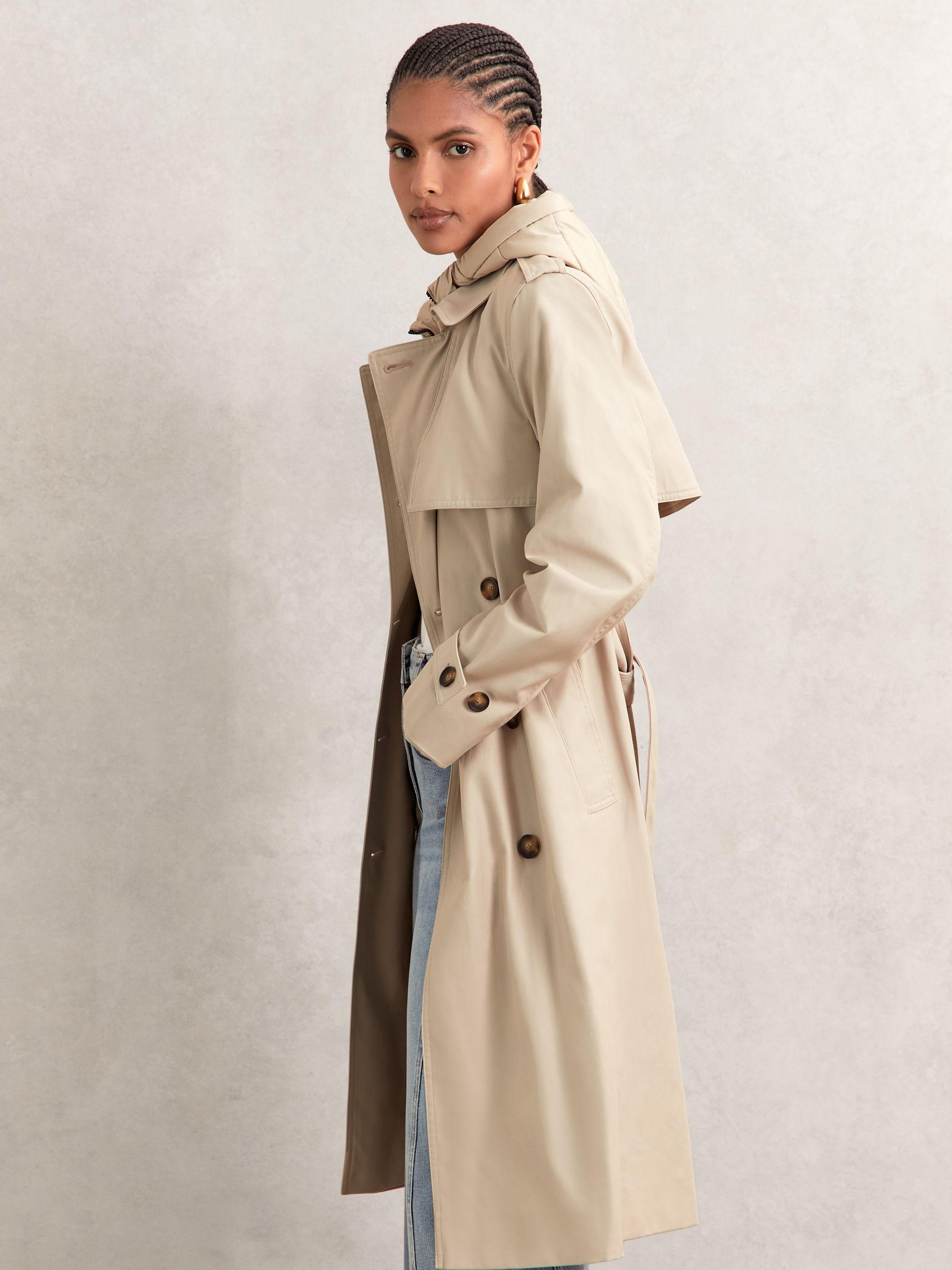 Reiss Double Breasted Hooded Insert Trench Coat in Stone | REISS