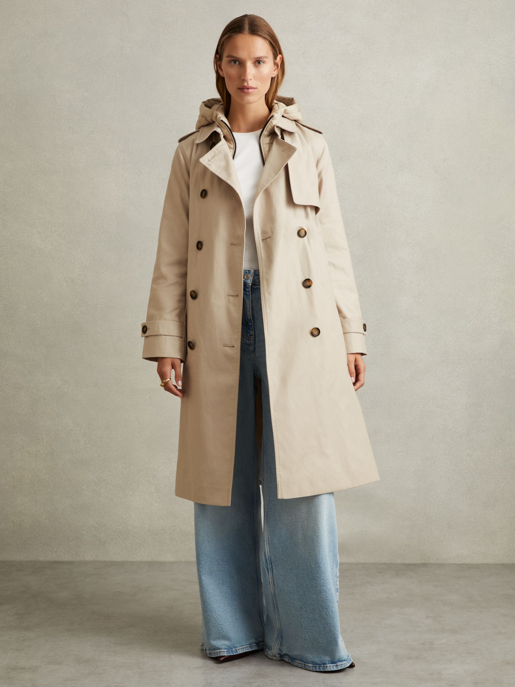 Double Breasted Hooded Insert Trench Coat in Stone - Image 3 of 5
