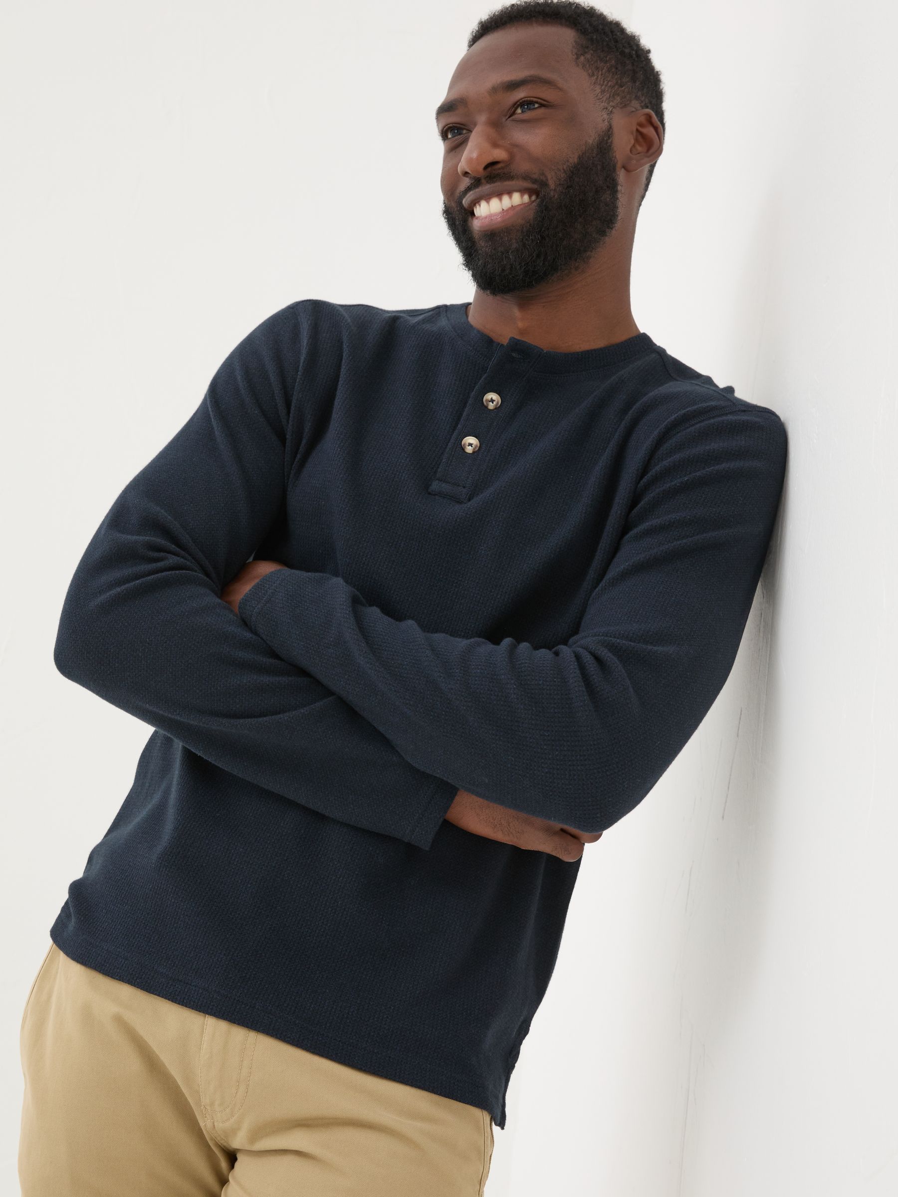 Navy Textured Henley 100% Cotton T-Shirt - Image 1 of 6