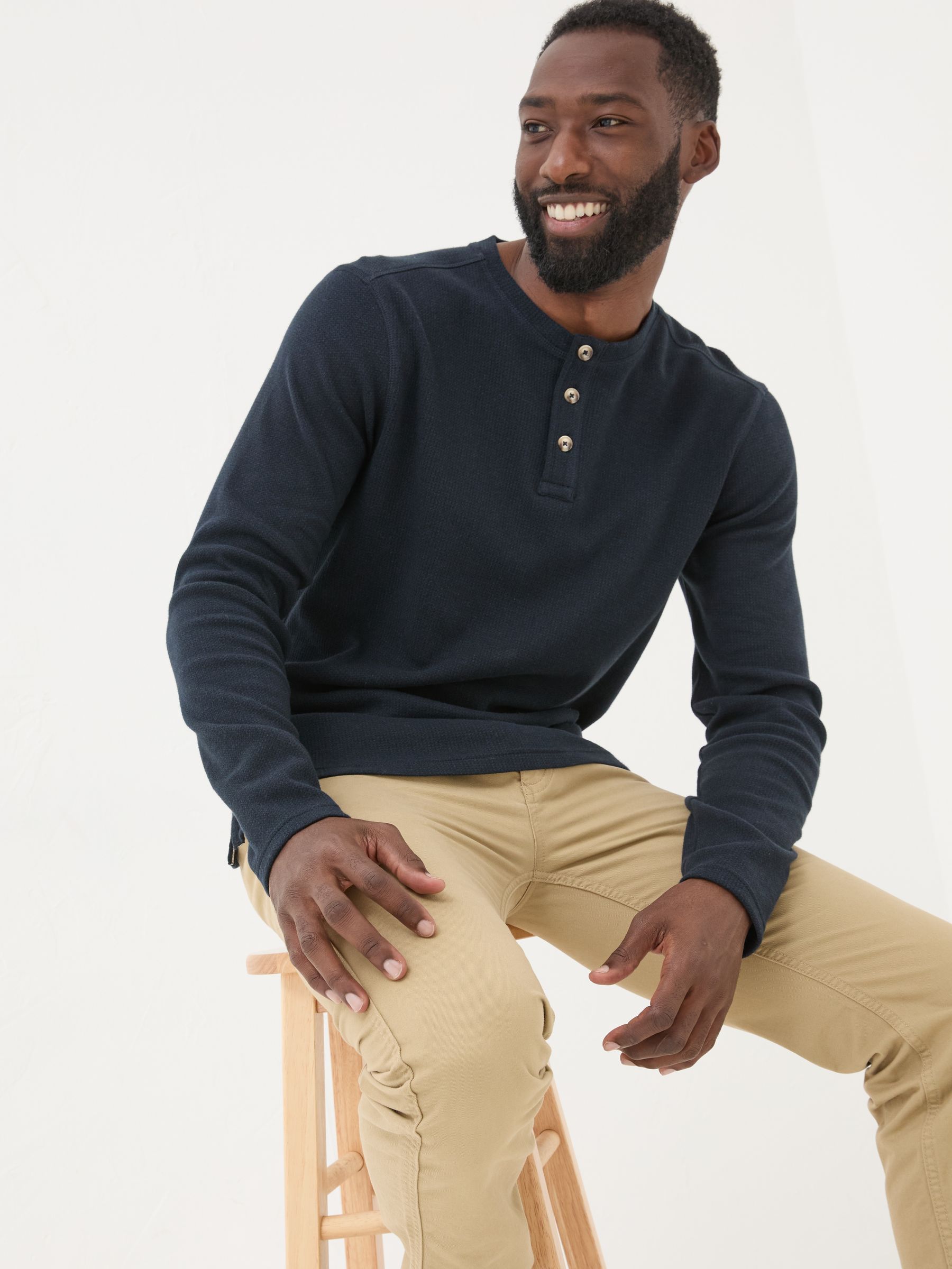 Navy Textured Henley 100% Cotton T-Shirt - Image 3 of 6