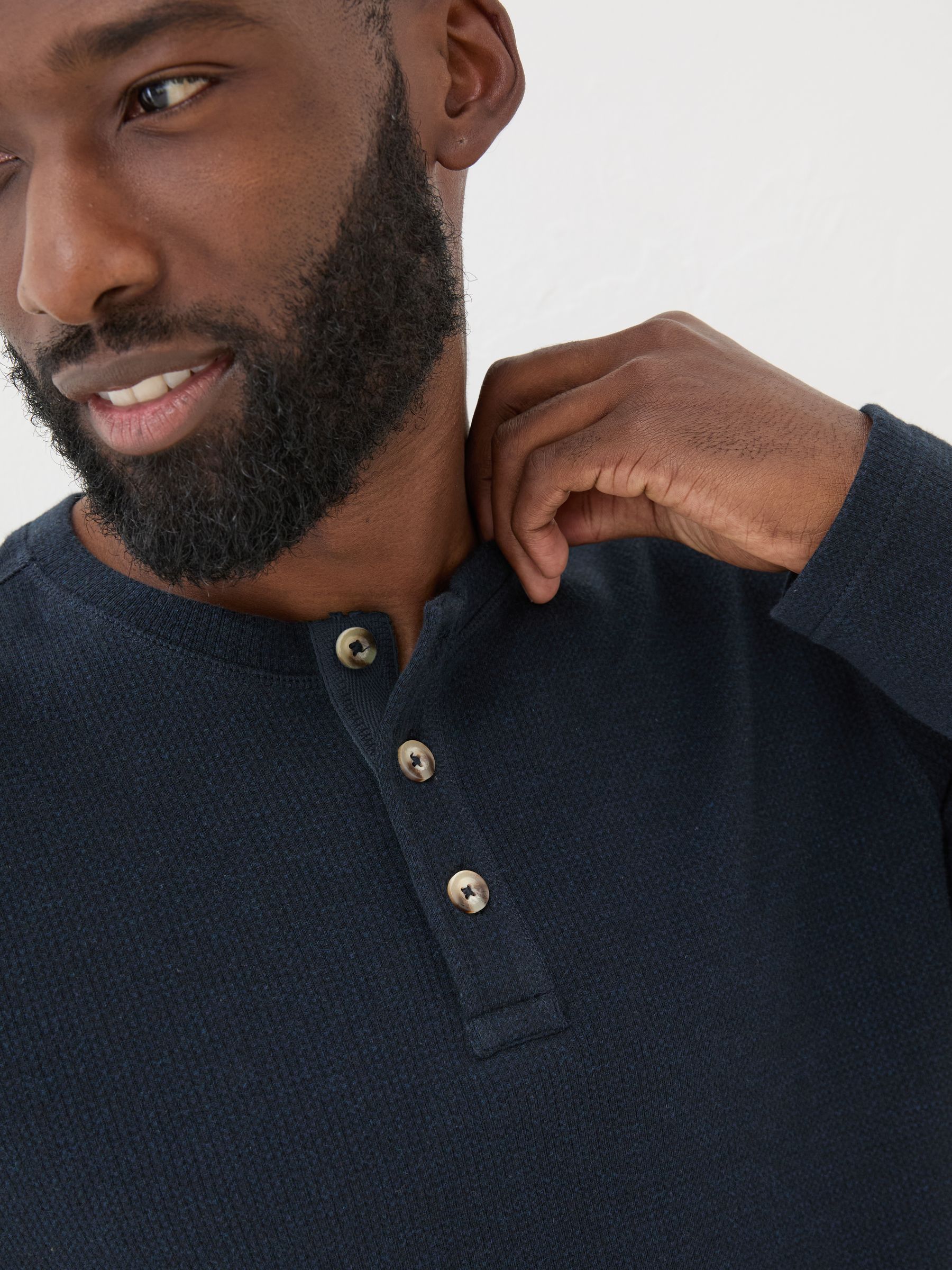 Navy Textured Henley 100% Cotton T-Shirt - Image 4 of 6