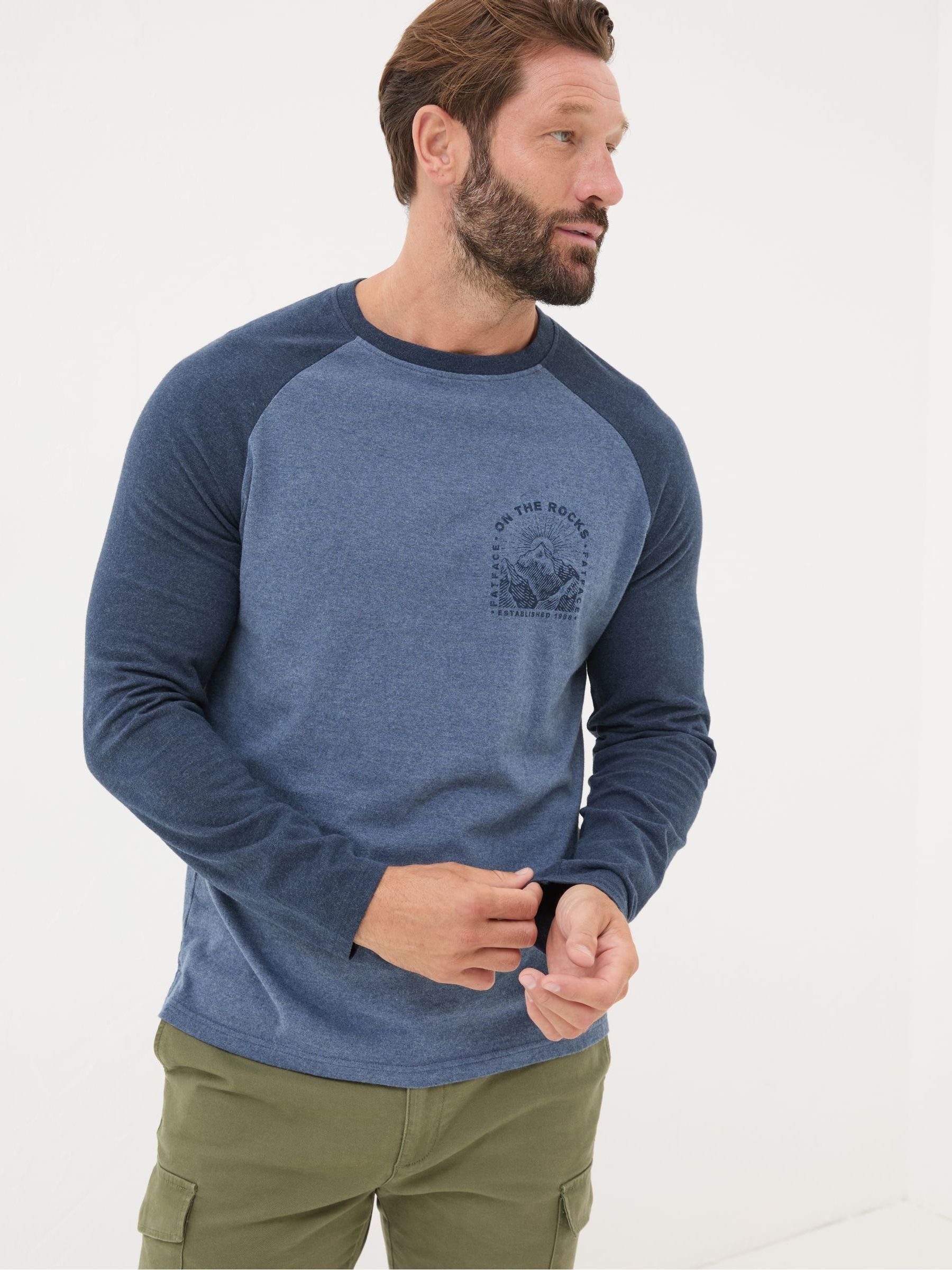 Dusky Blue On The Rocks Raglan 100% Cotton T-Shirt - Image 1 of 5