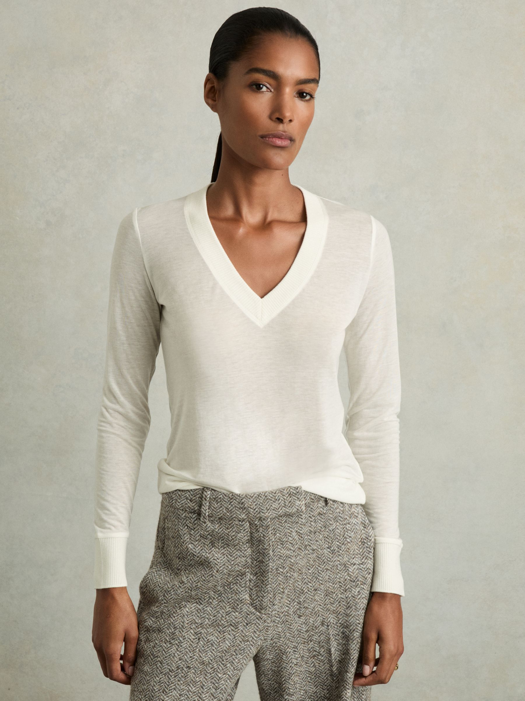 Lyocell-Wool Marled V-Neck Top in Cream - Image 1 of 7