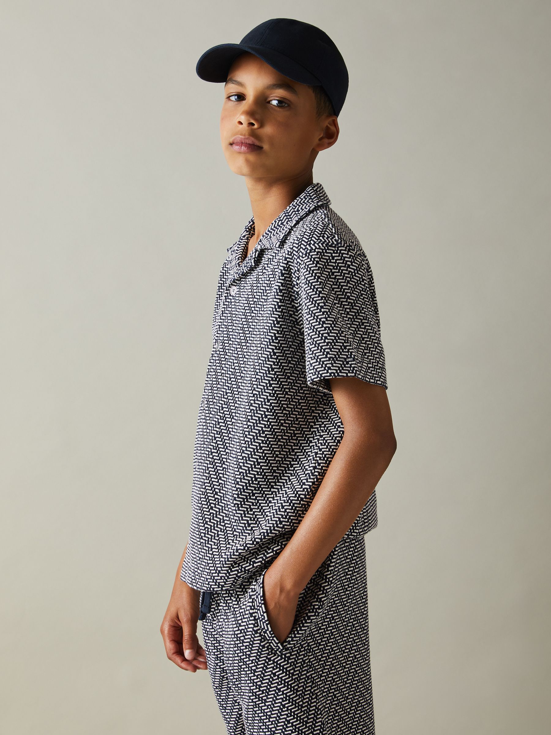 9-13 yrs Zig-Zag Cuban Collar Shirt in Navy - Image 1 of 4