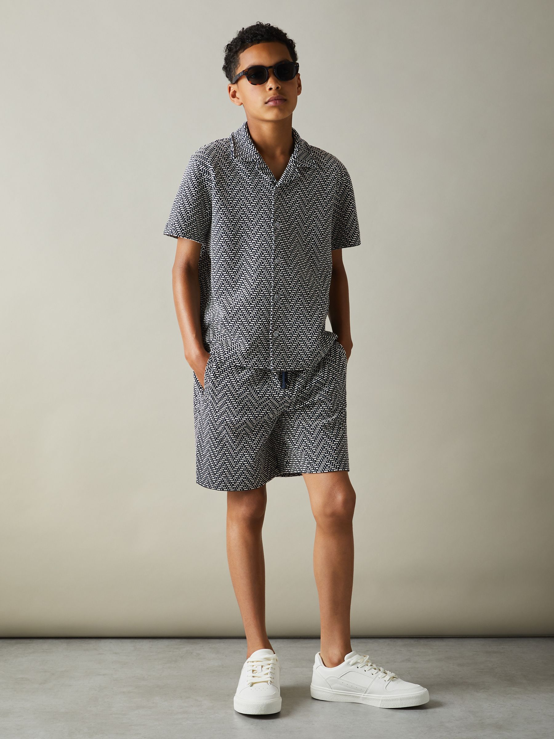 9-13 yrs Zig-Zag Cuban Collar Shirt in Navy - Image 3 of 4