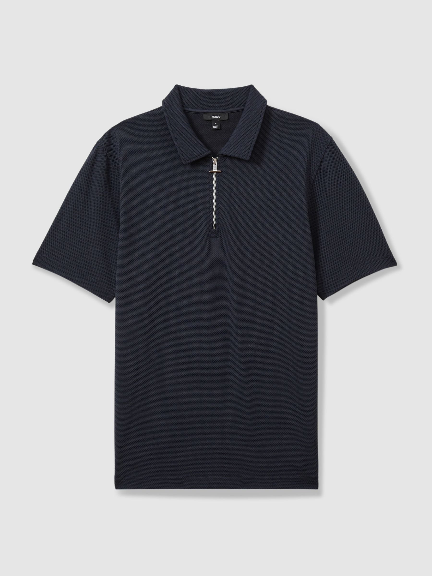 Textured Zip-Neck Polo Shirt in Navy - Image 2 of 5
