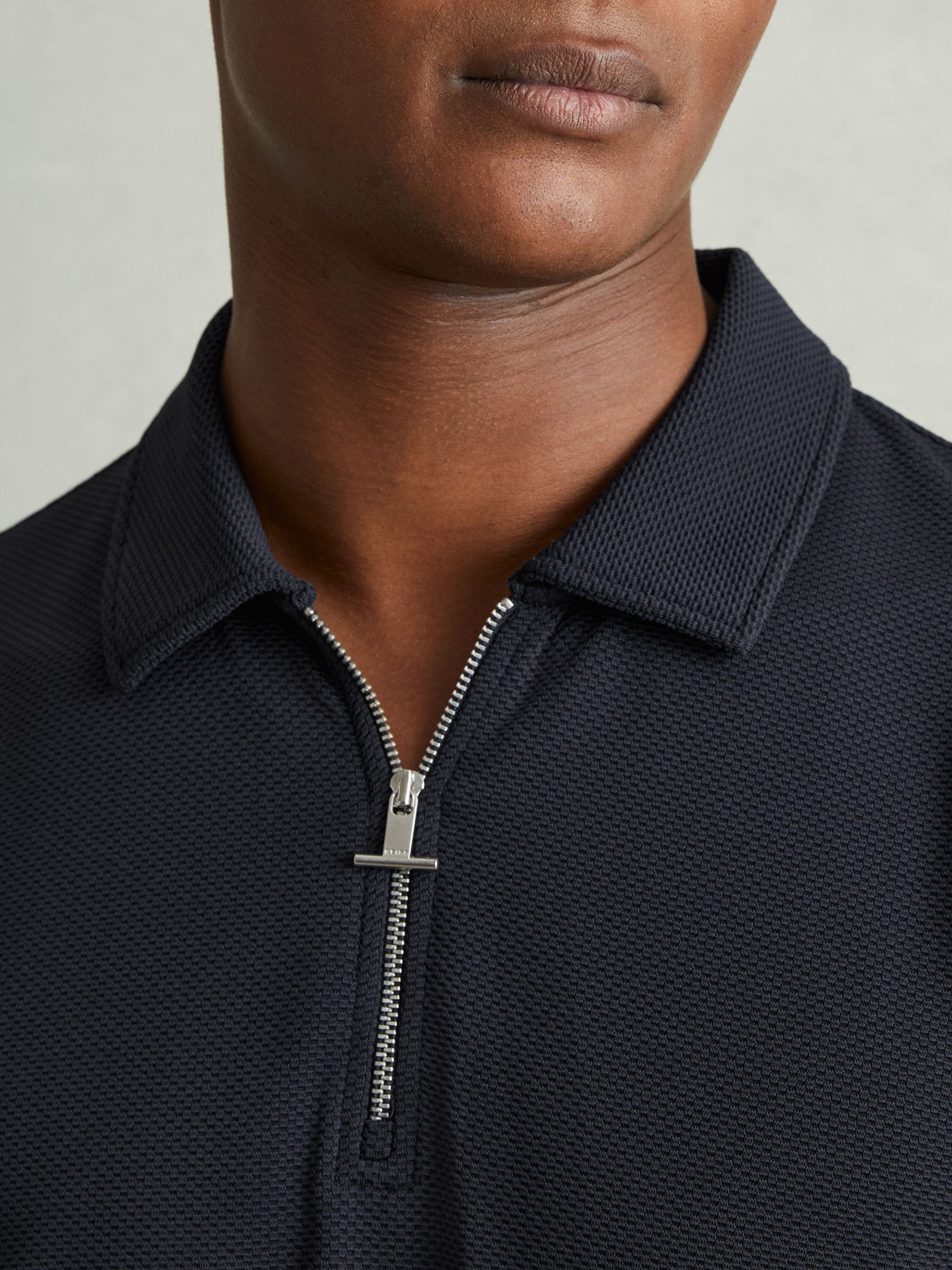 Textured Zip-Neck Polo Shirt in Navy - Image 3 of 5