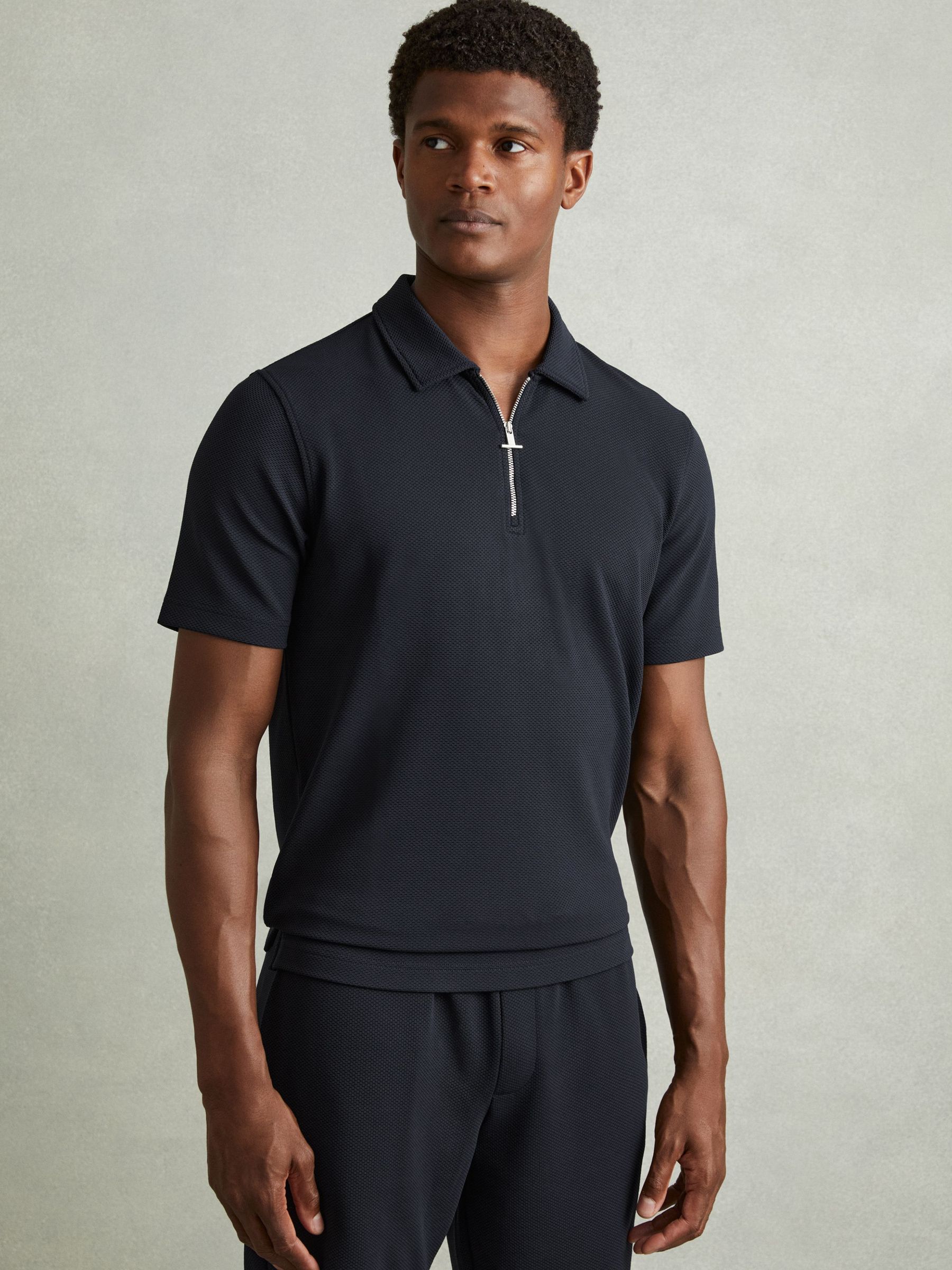 Textured Zip-Neck Polo Shirt in Navy - Image 6 of 6