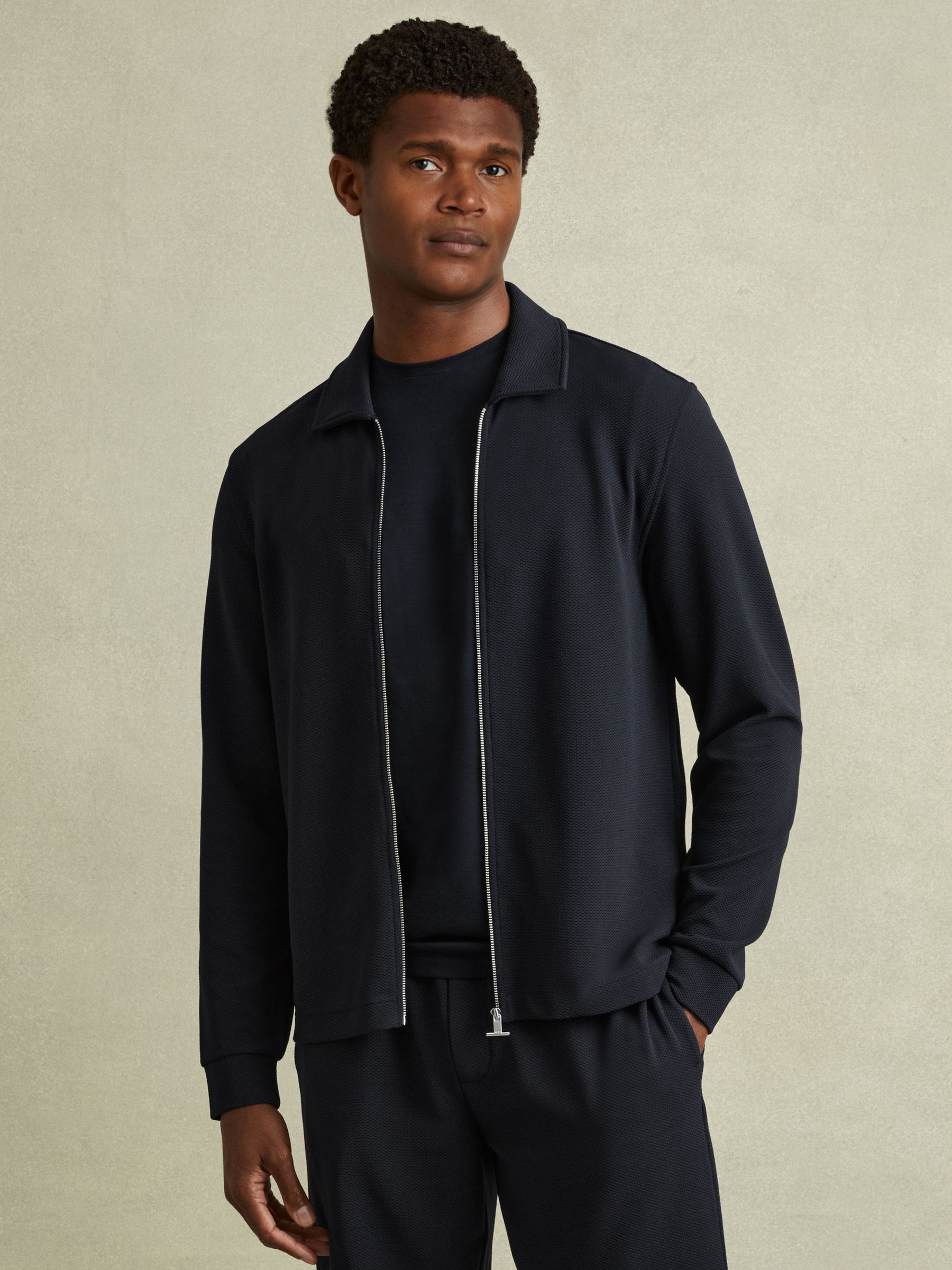 Textured Zip-Through Overshirt in Navy - Image 1 of 5